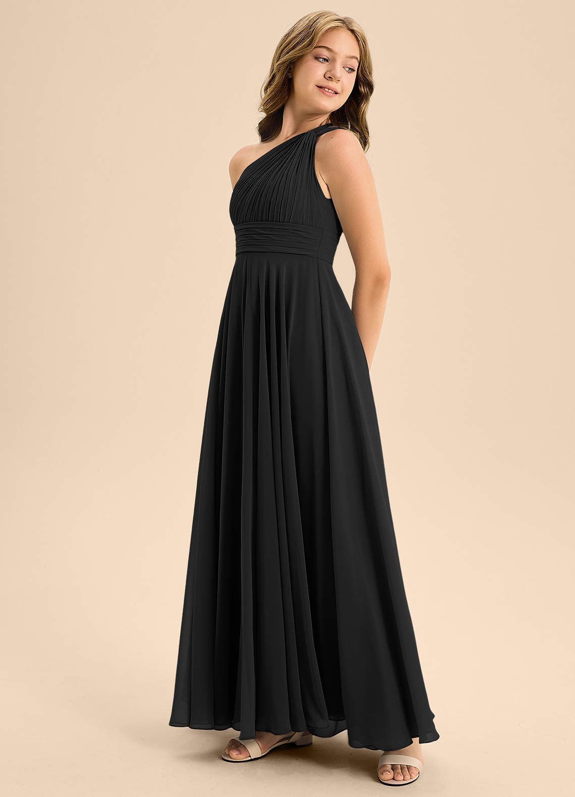 Azazie Charlize Junior Black A-Line Pleated Chiffon Dress image3
