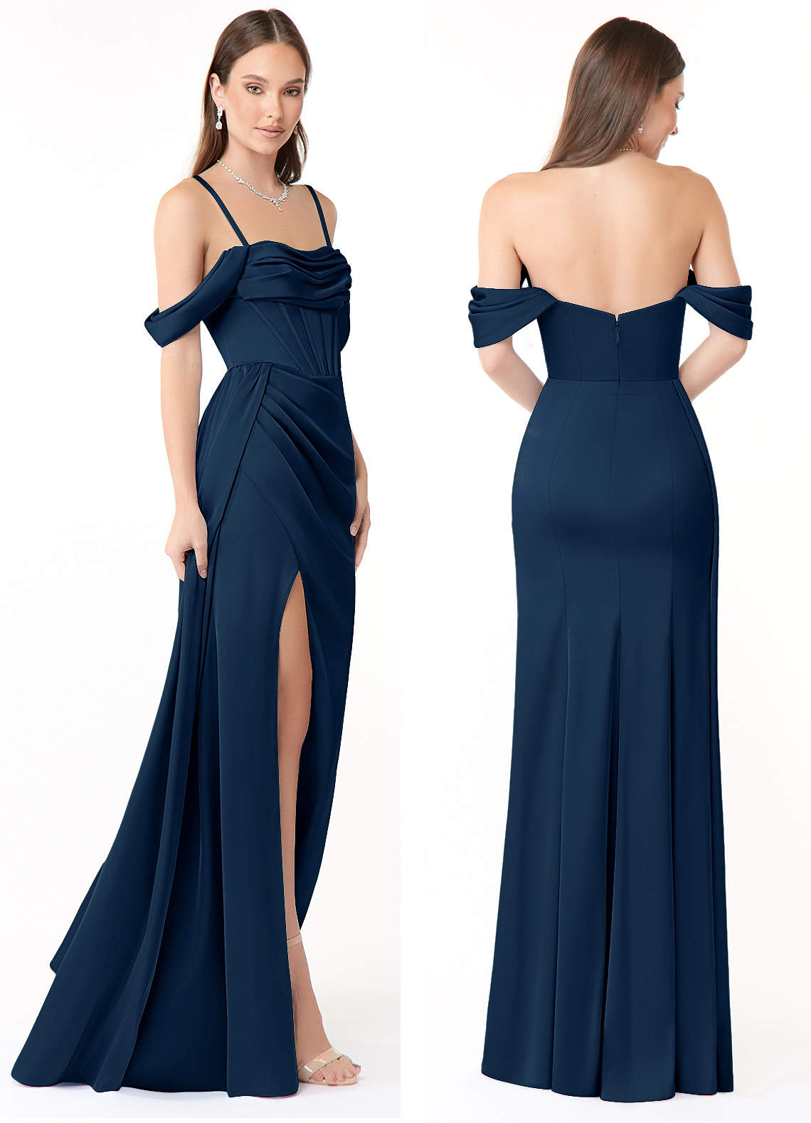 Azazie Amyra Bridesmaid Dresses Dark Navy Mermaid Off the Shoulder Stretch Satin Convertible Dress image8