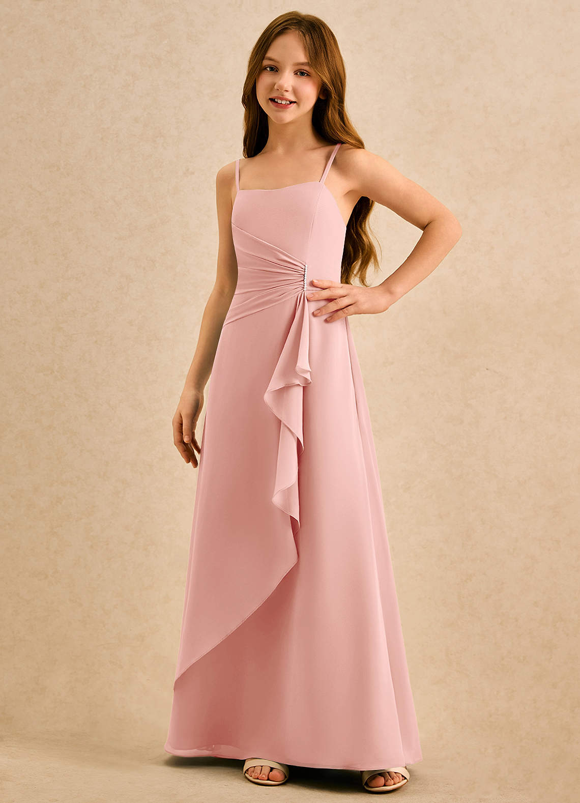 Azazie lolly Girls Formal Robe Demoiselle D'honneur Fillette Robe Trapèze en Mousseline de soie Plissée Rosette image4