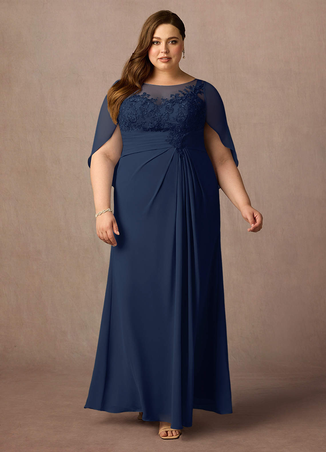 Azazie Hera Mother of the Bride Dresses Dark Navy A-Line Lace Capelet Chiffon Dress image5