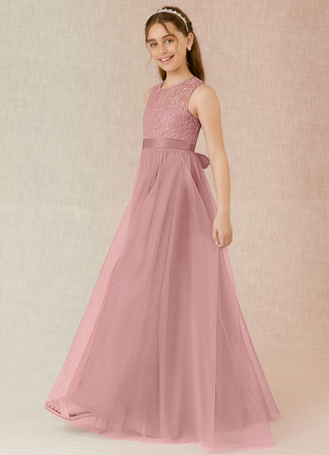 Azazie Georgette Junior A-Linie Spitze Tüll Kleid Altrosa image2