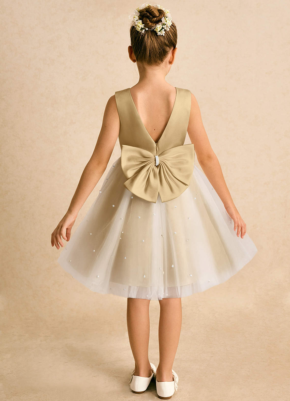 Azazie Esme Flower Girl Dresses Ivory Gold Ball-Gown Bow Tulle Dress image1