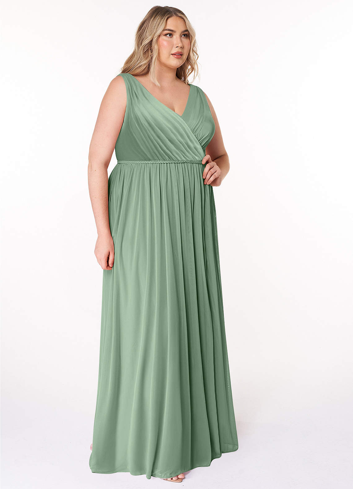 Azazie Tanicia Bridesmaid Dresses Matcha A-Line V-Neck Pleated Mesh Dress image7