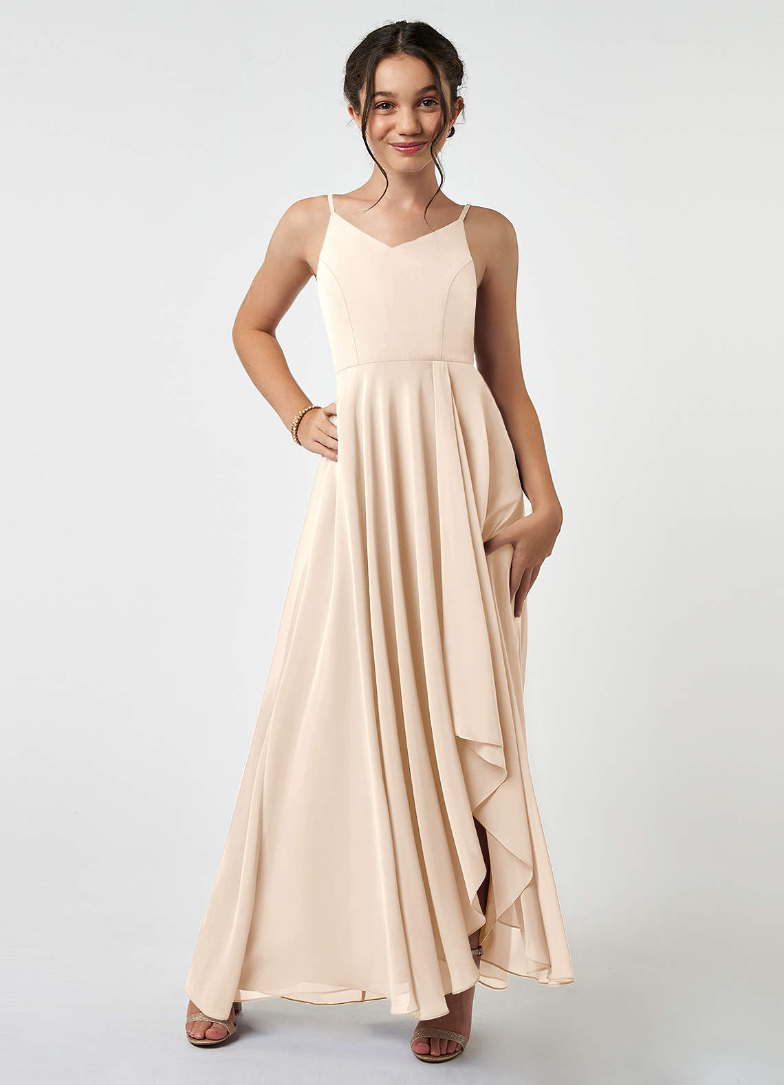 Azazie Collette Junior White Alabaster A-Line Ruched Chiffon Dress image1