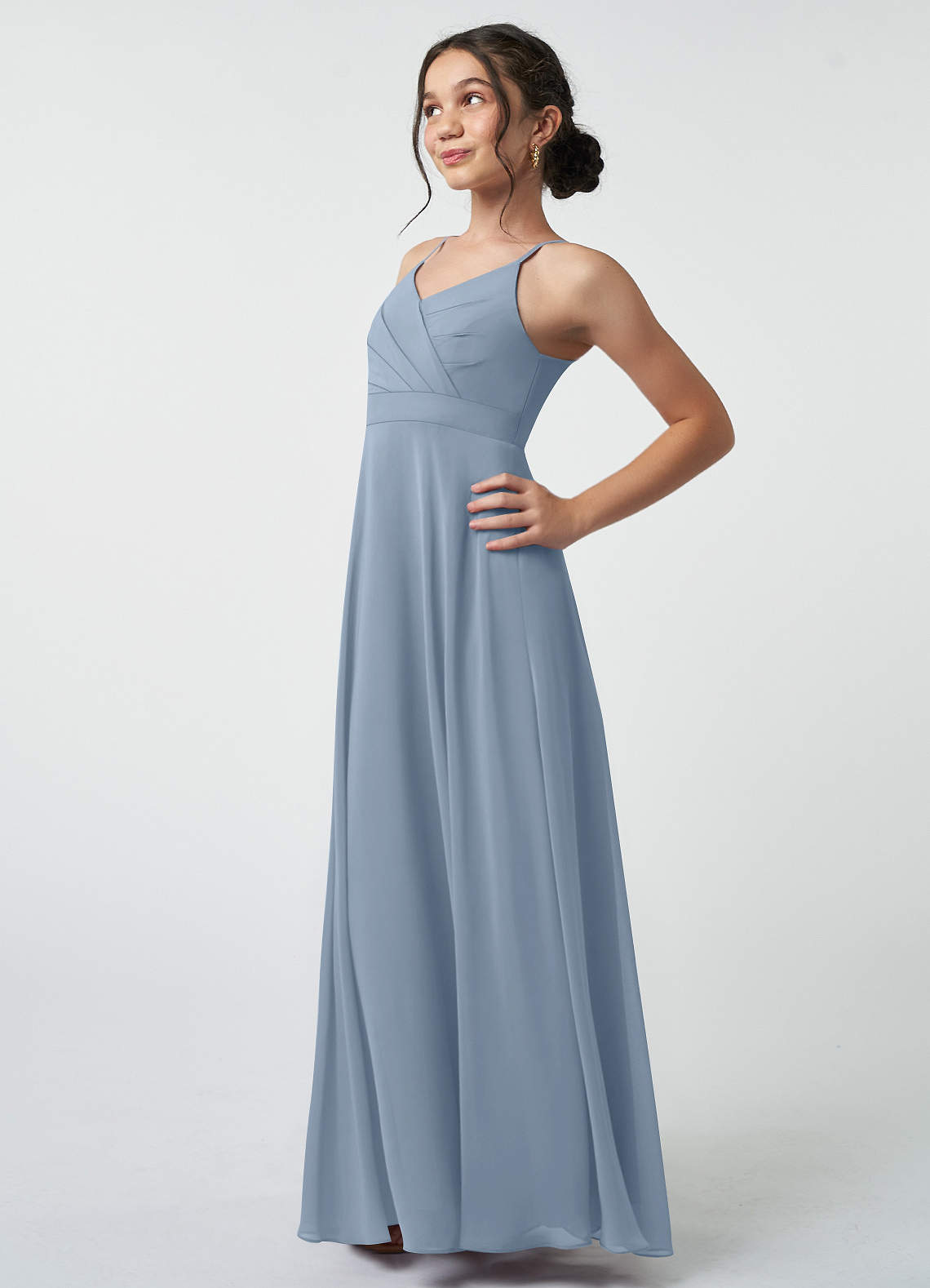 Azazie Avelina Junior Dusty Blue A-Line Pleated Chiffon Dress image3