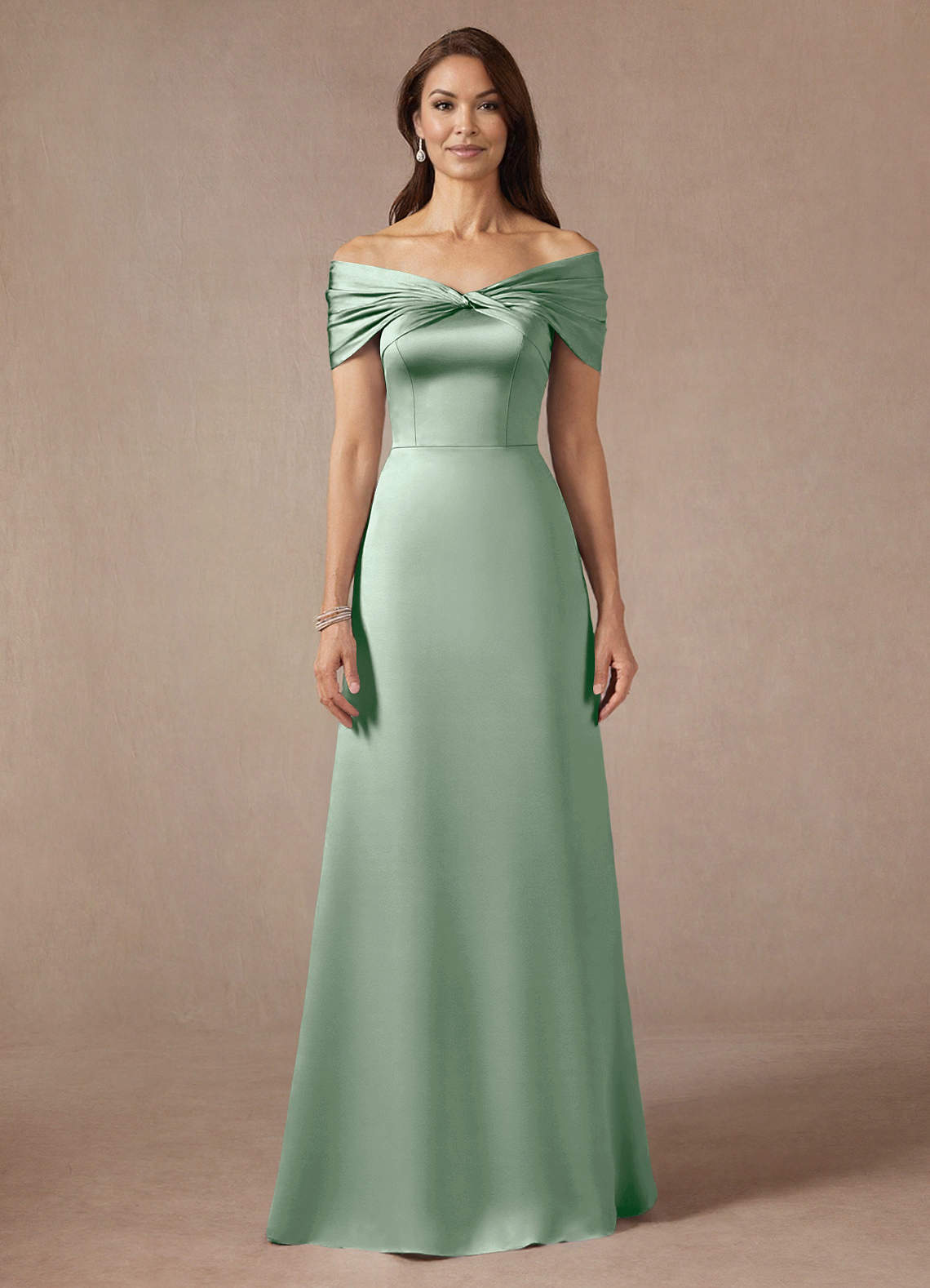 Azazie Amelia Mother of the Bride Dresses Agave A-Line Off the Shoulder Stretch Satin Dress image2