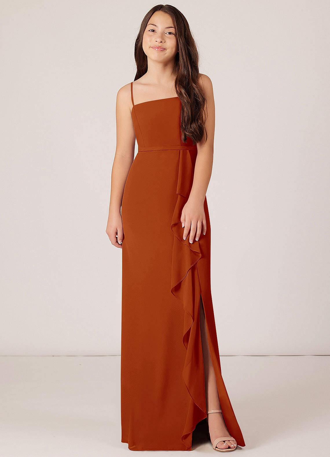 Azazie Kaylee Junior Paprika A-Line with Belt Chiffon Dress image1