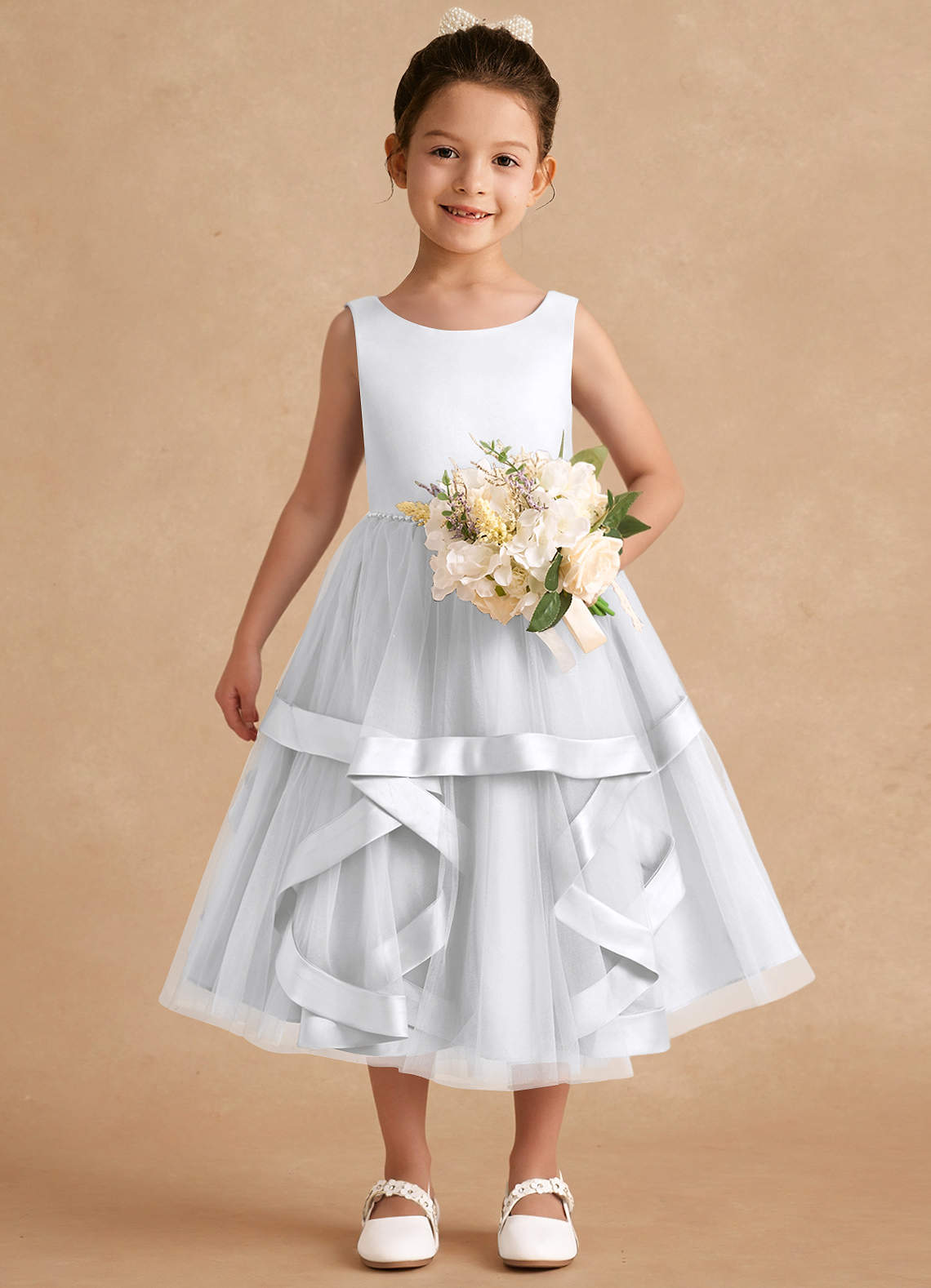 Azazie Posy Flower Girl Dresses White A-Line Beaded Tulle Dress image3