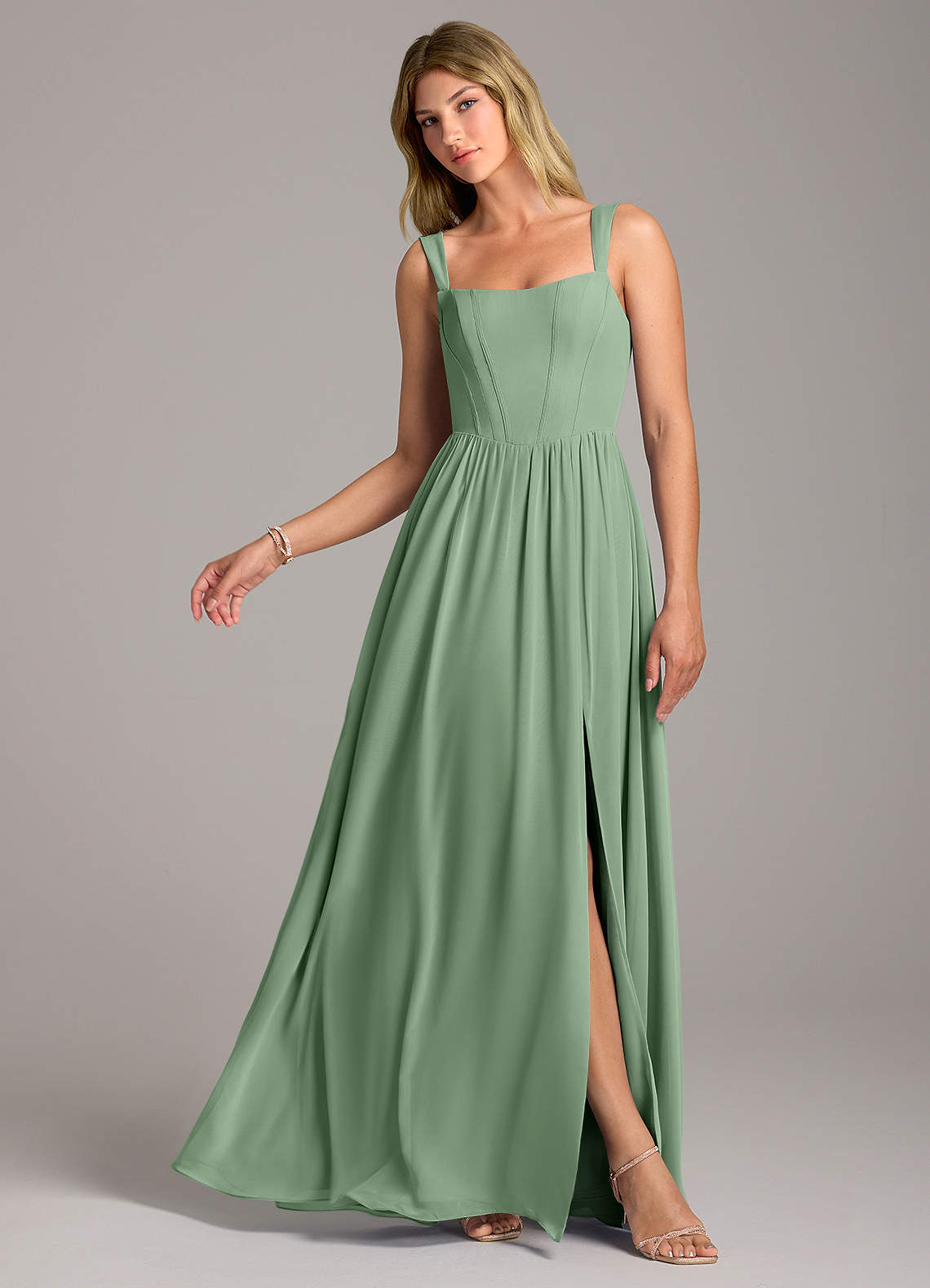 Azazie Rosaline Jurken voor bruidsmeisjes Jurk van Chiffon met A-Lijn Zijsplit Matcha image1