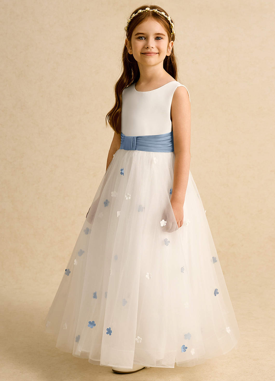 Azazie Cricket vestidos de niña de las flores Vestido de Marfil Azul Polvoriento de Satin Mate de Corte Princesa con Plisado image4