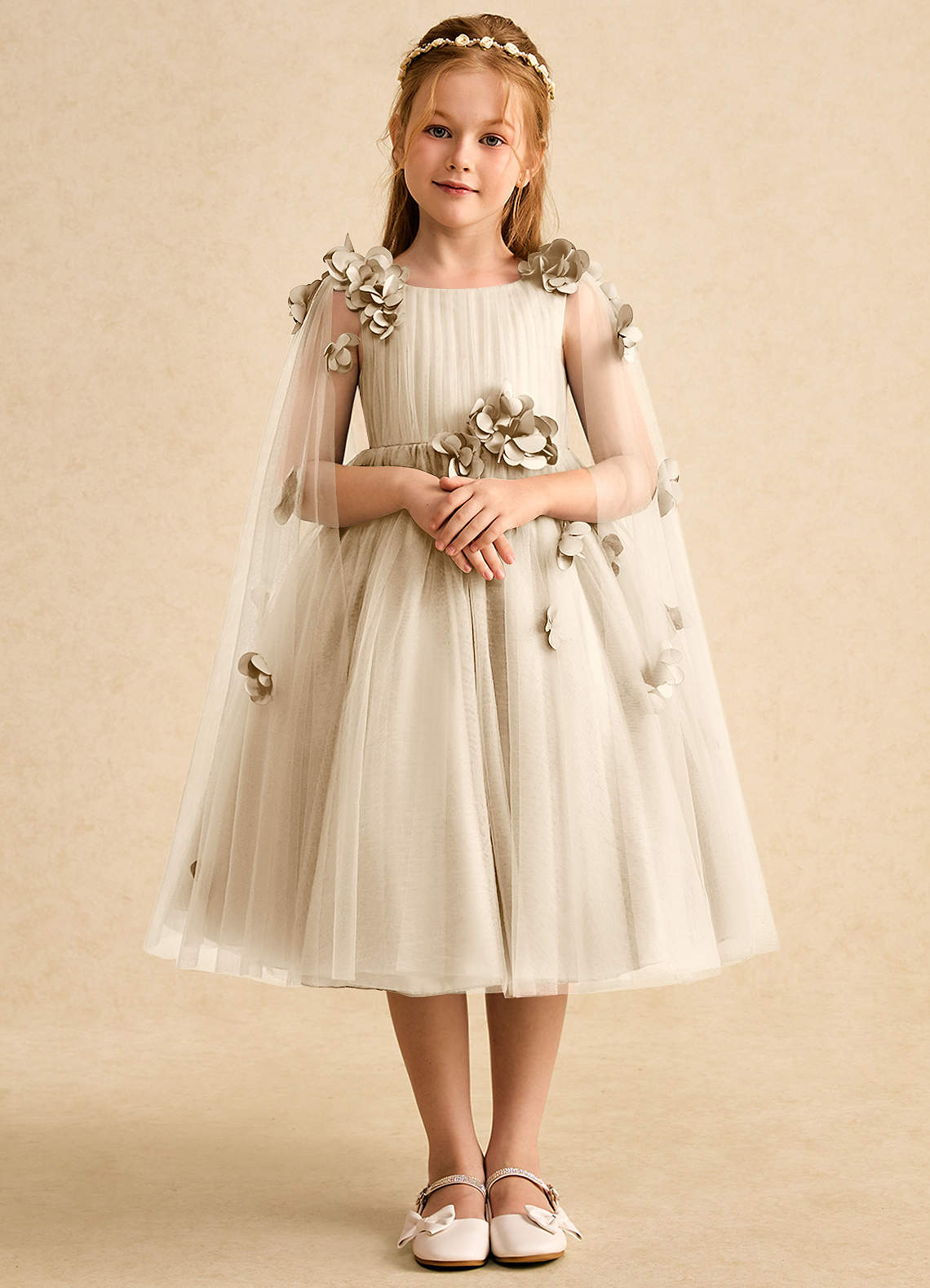 Azazie Staria Robe Demoiselle D'honneur Fillette Robe Princesse en Tulle Rayé Champagne image1