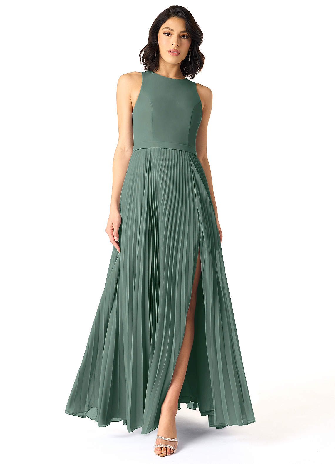 Azazie Lindie Brautjungfernkleider A-Linie Schaufel Gefaltet Chiffon Kleid Seemoos image1