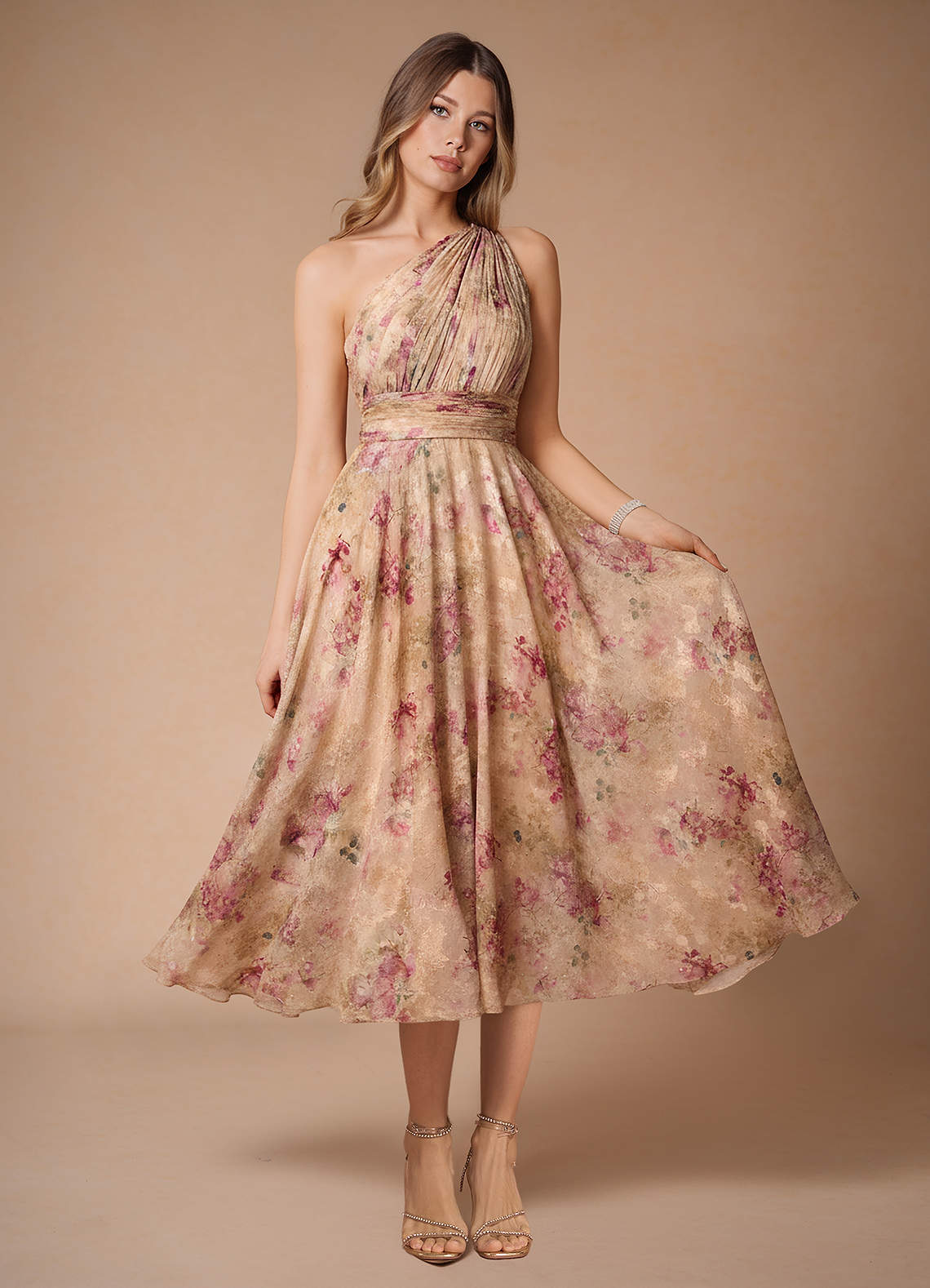 Azazie Plus Size Midi Dresses A-Line Wedding Guest Semi-Formal Dresses One Shoulder Dusty Floral
