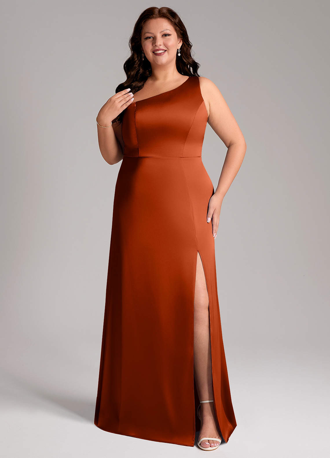 Azazie Phaedra Bridesmaid Dresses Paprika A-Line One Shoulder Stretch Satin Dress image1
