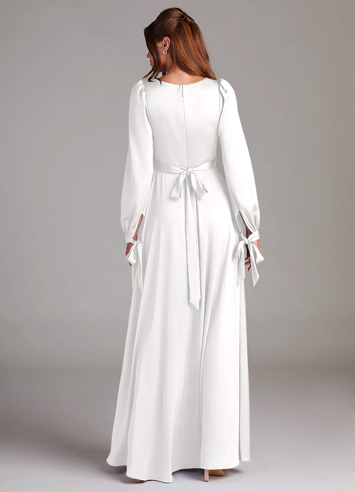 Azazie Leonia Abiti da Damigella Abito A-Line in Raso Elasticizzato Manica Lunga Bianco image1