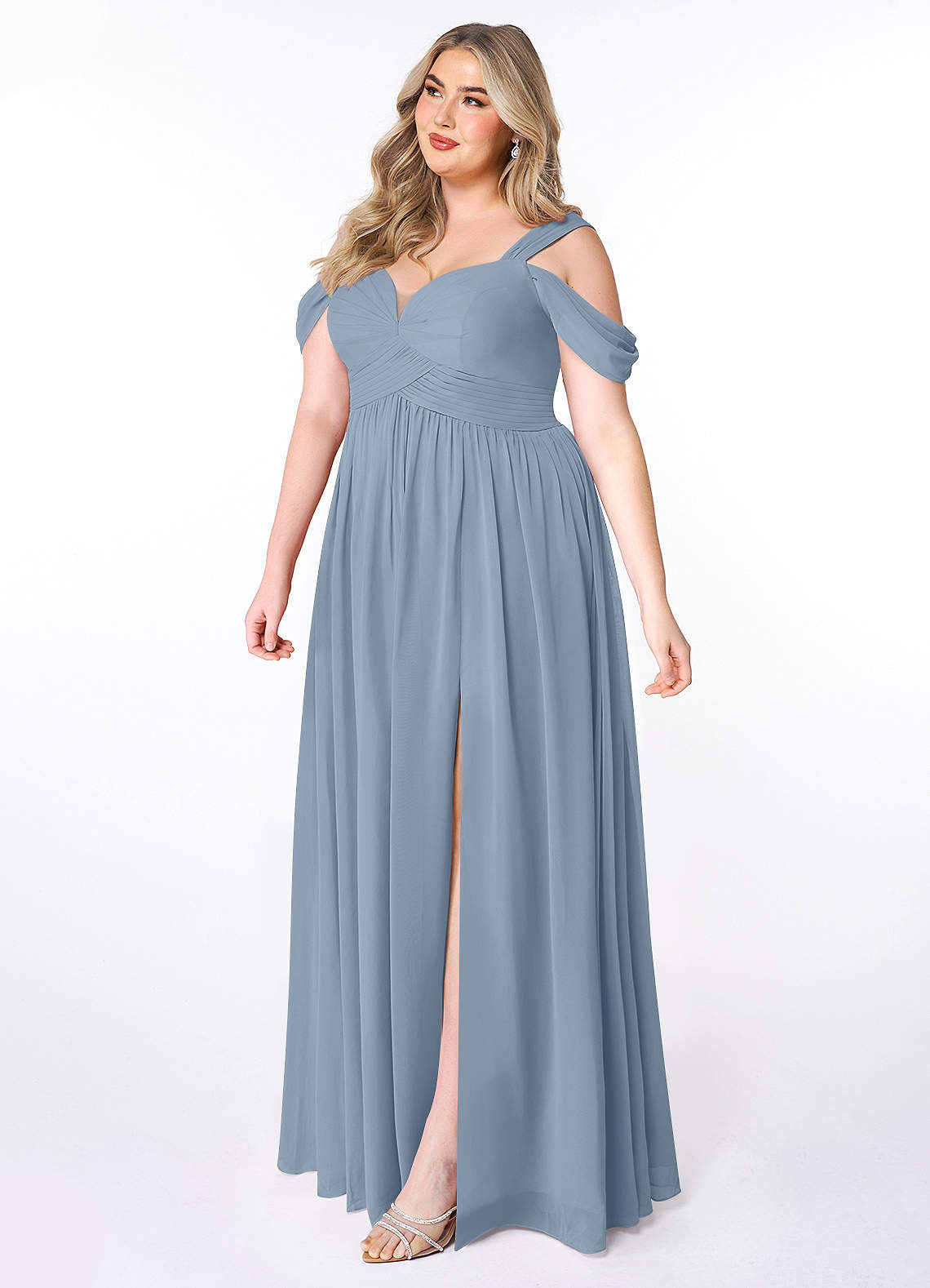 Azazie Lianne Bridesmaid Dresses Dusty Blue A-Line Off the Shoulder Chiffon Dress image2