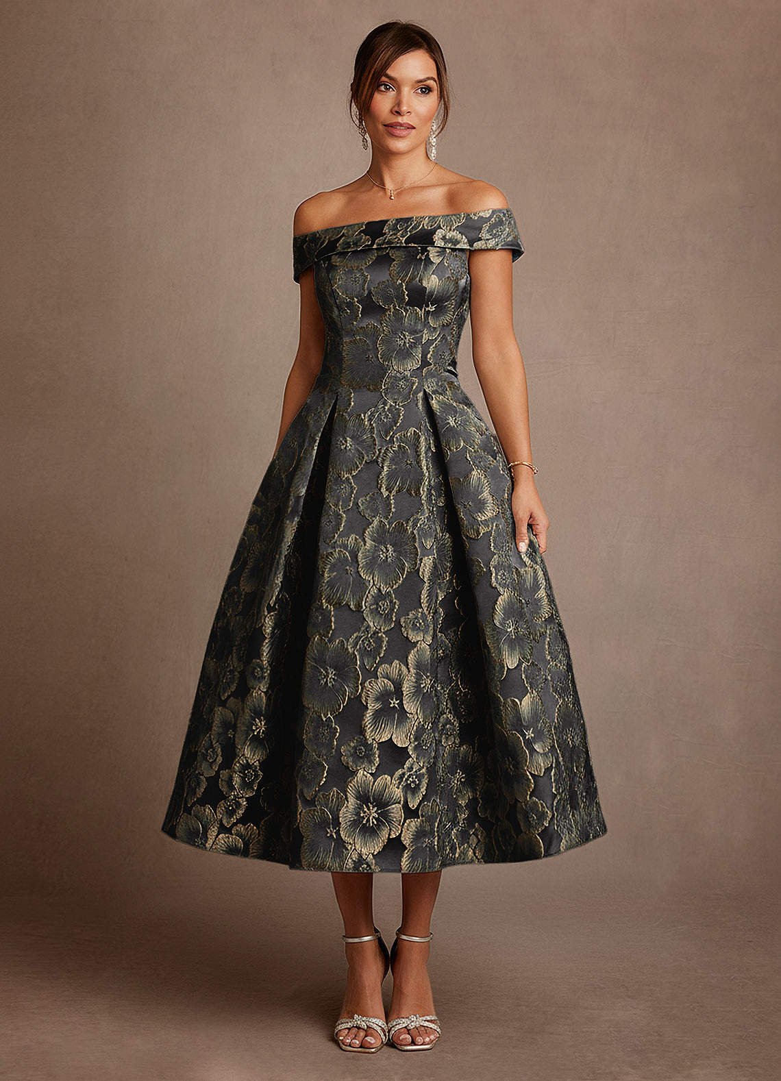 Azazie Centralia Black Gold Jacquard A-Line Off the Shoulder