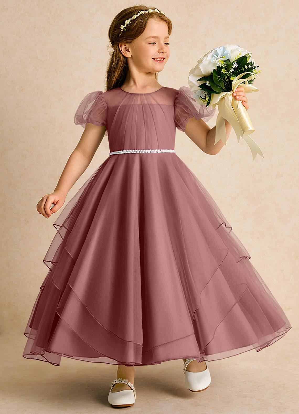 Azazie Duckie Abiti da Ragazza di Fiori Abito Principessa in Tulle Plissettato Rosa Del Deserto image1