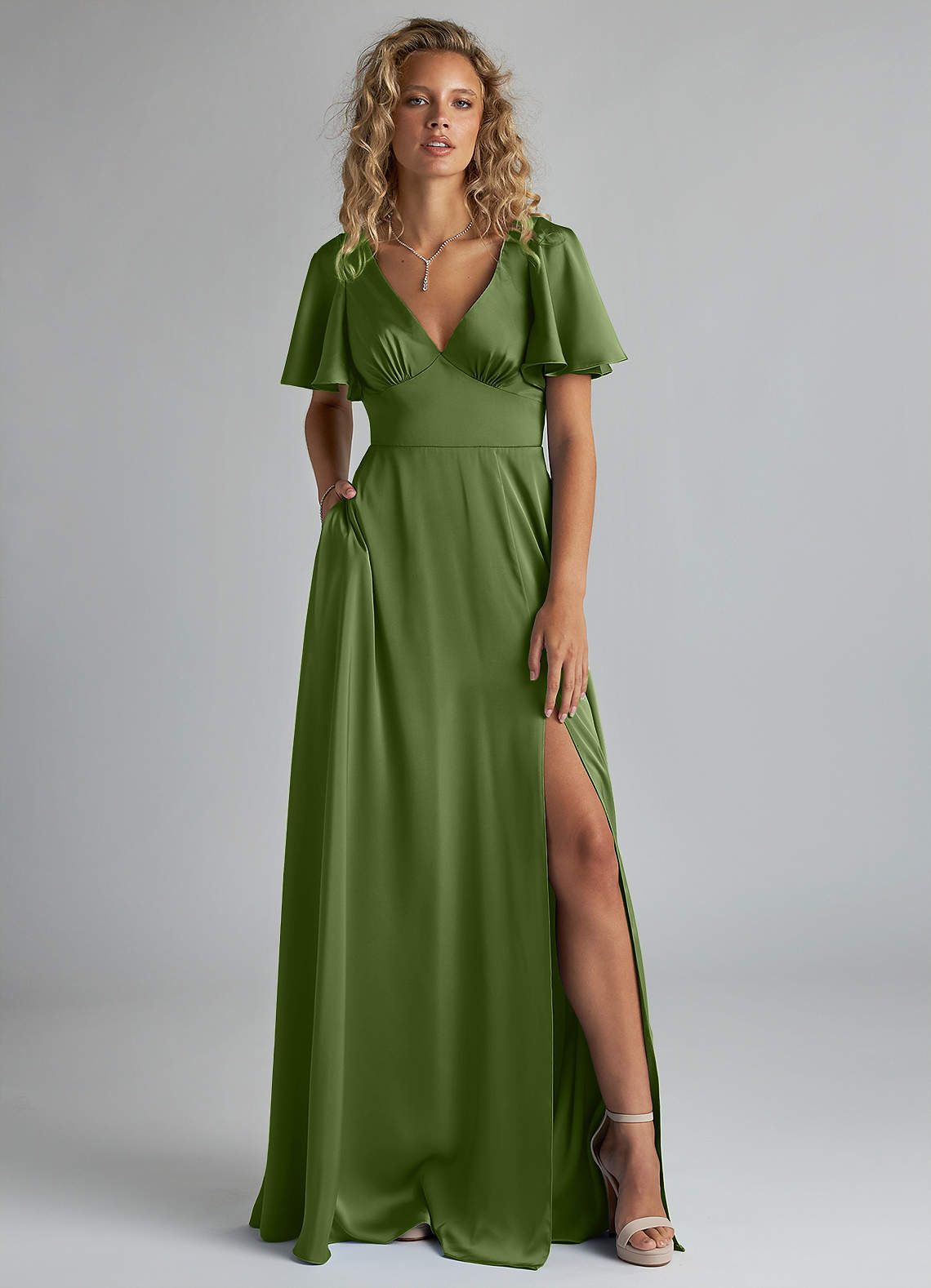 Azazie Kimber Bridesmaid Dresses Juniper A-Line Ruched Stretch Satin Dress image1