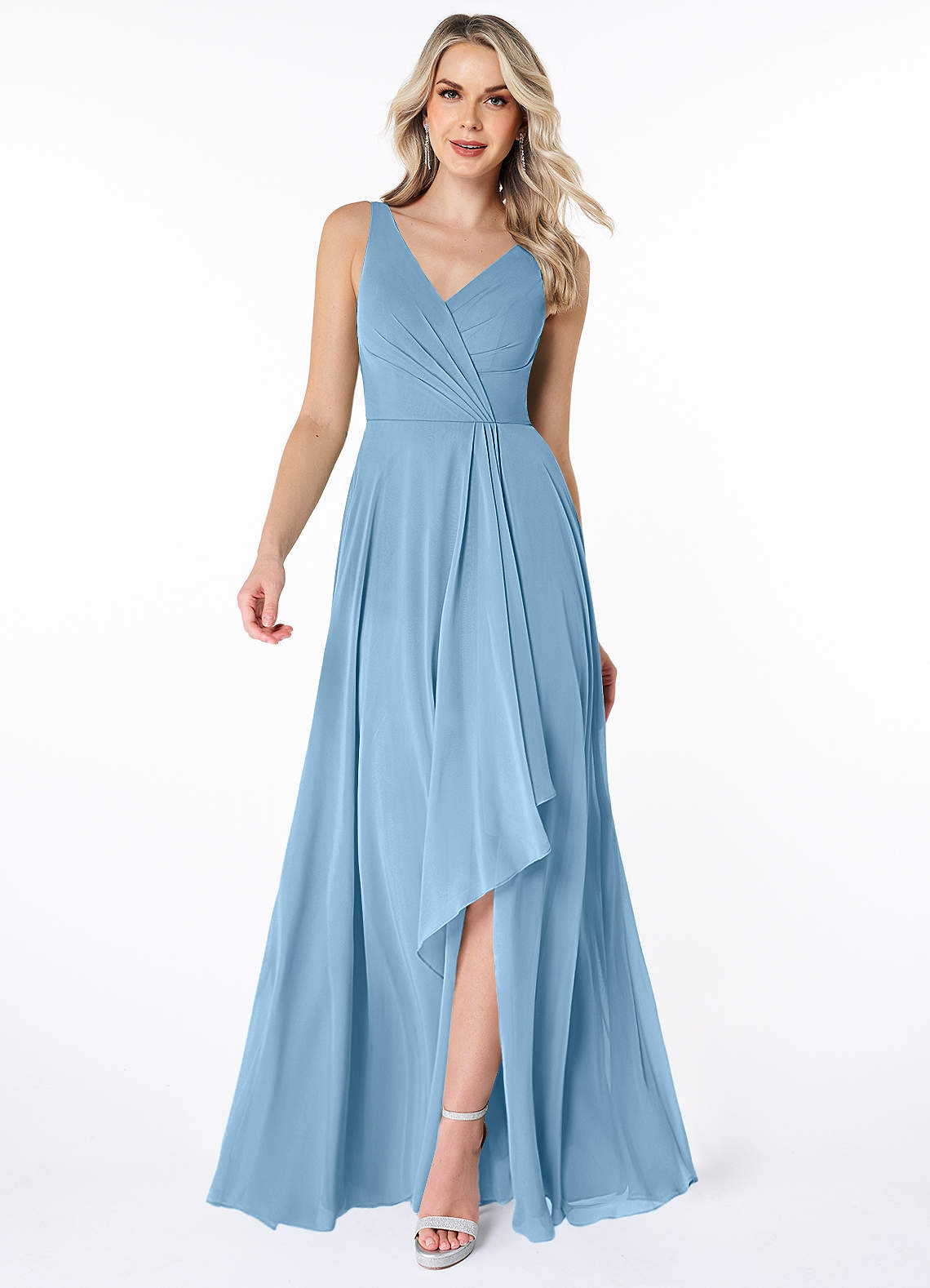 Azazie Calvi Jurken voor bruidsmeisjes Jurk van Chiffon met A-Lijn Ruches Staal Blauw image1