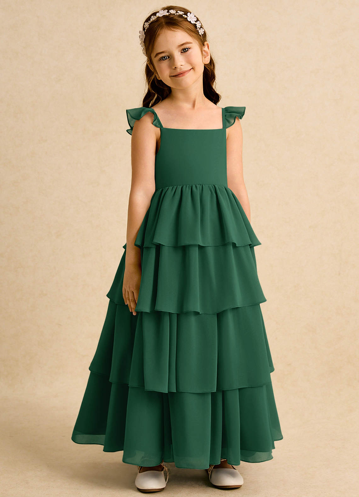 Azazie Boba vestidos de niña de las flores Vestido de Verde Oscuro de Gasa de Corte En A con Escote Cuadrado image1