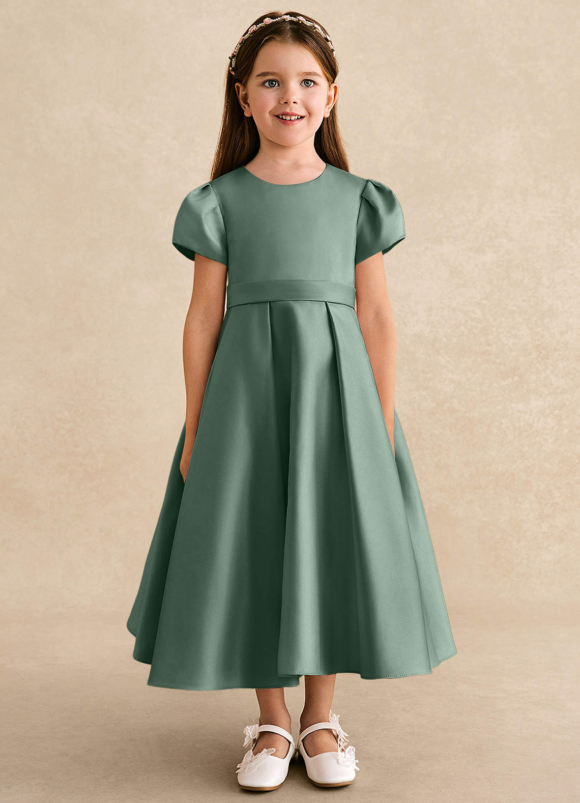 Azazie Princess Flower Girl Dresses Eucalyptus A-Line Pleated Matte Satin Dress image4