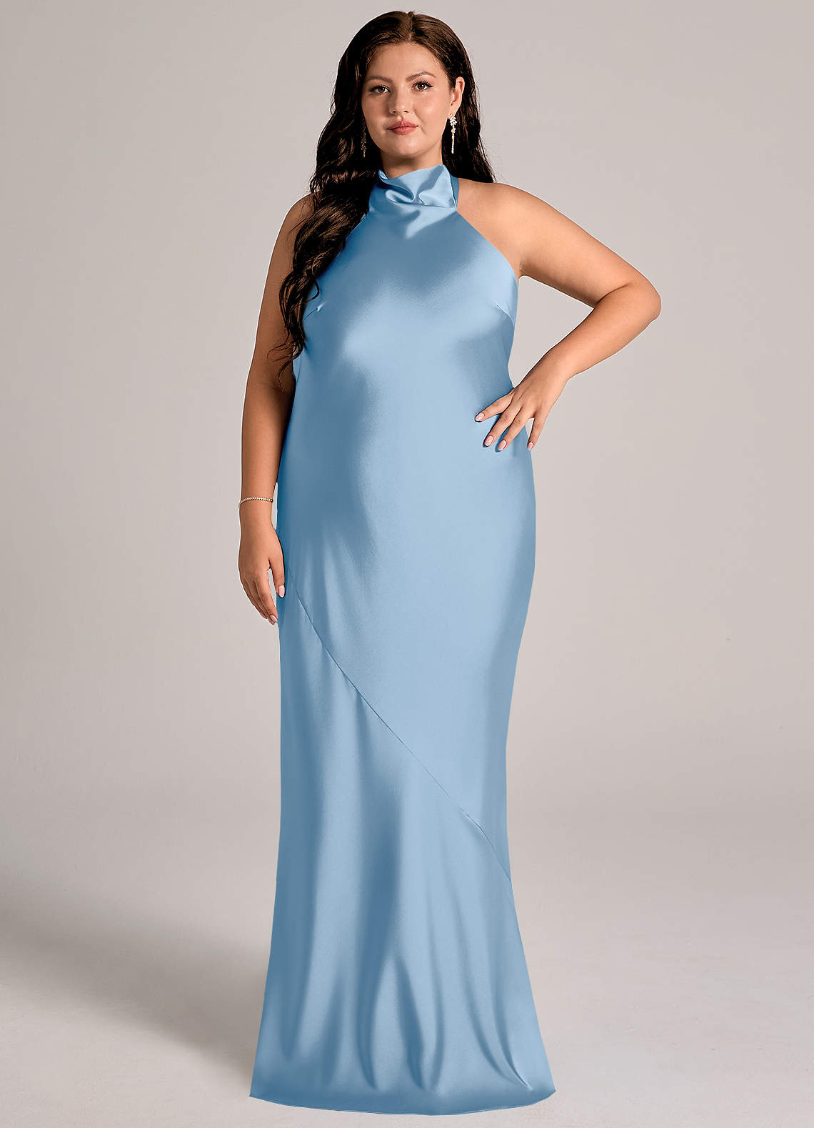 Azazie Velli Bridesmaid Dresses Powder Blue Mermaid High Neck Stretch Satin Dress image1