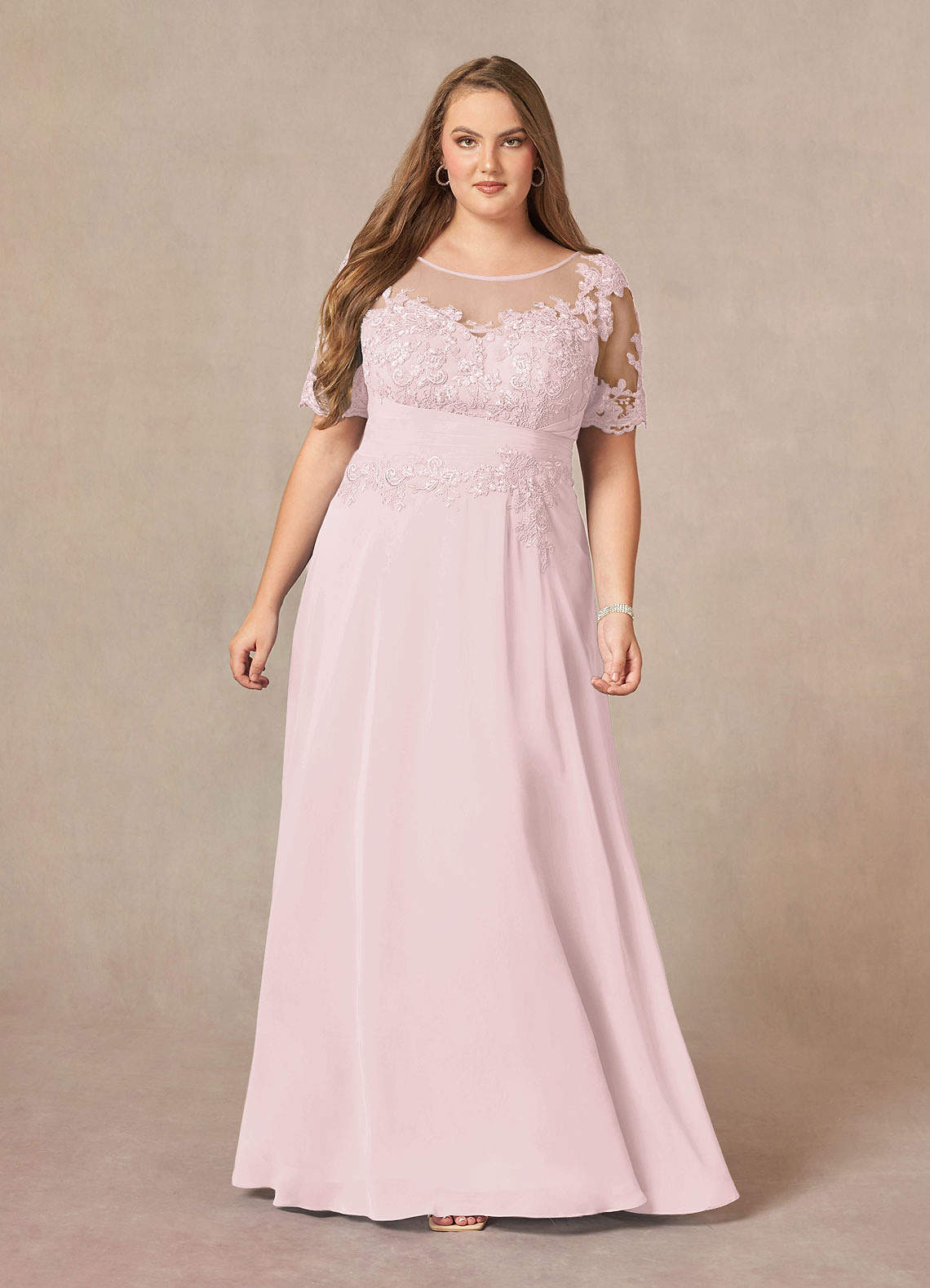Tea-Length Chiffon Lace Dress Blushing Pink