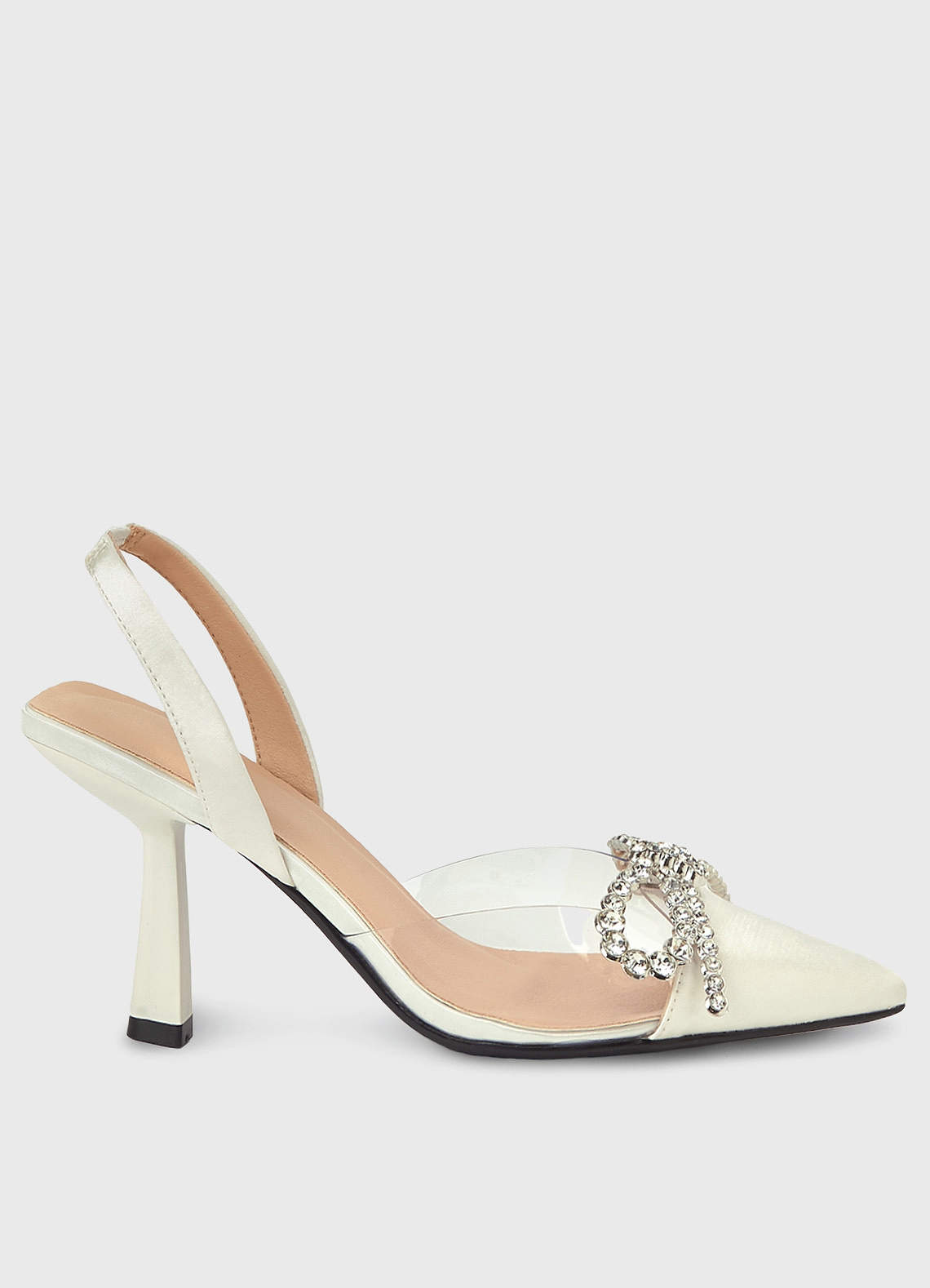 front Zapatos de tacón de aguja con tira trasera de satén y lazo de diamantes de imitación