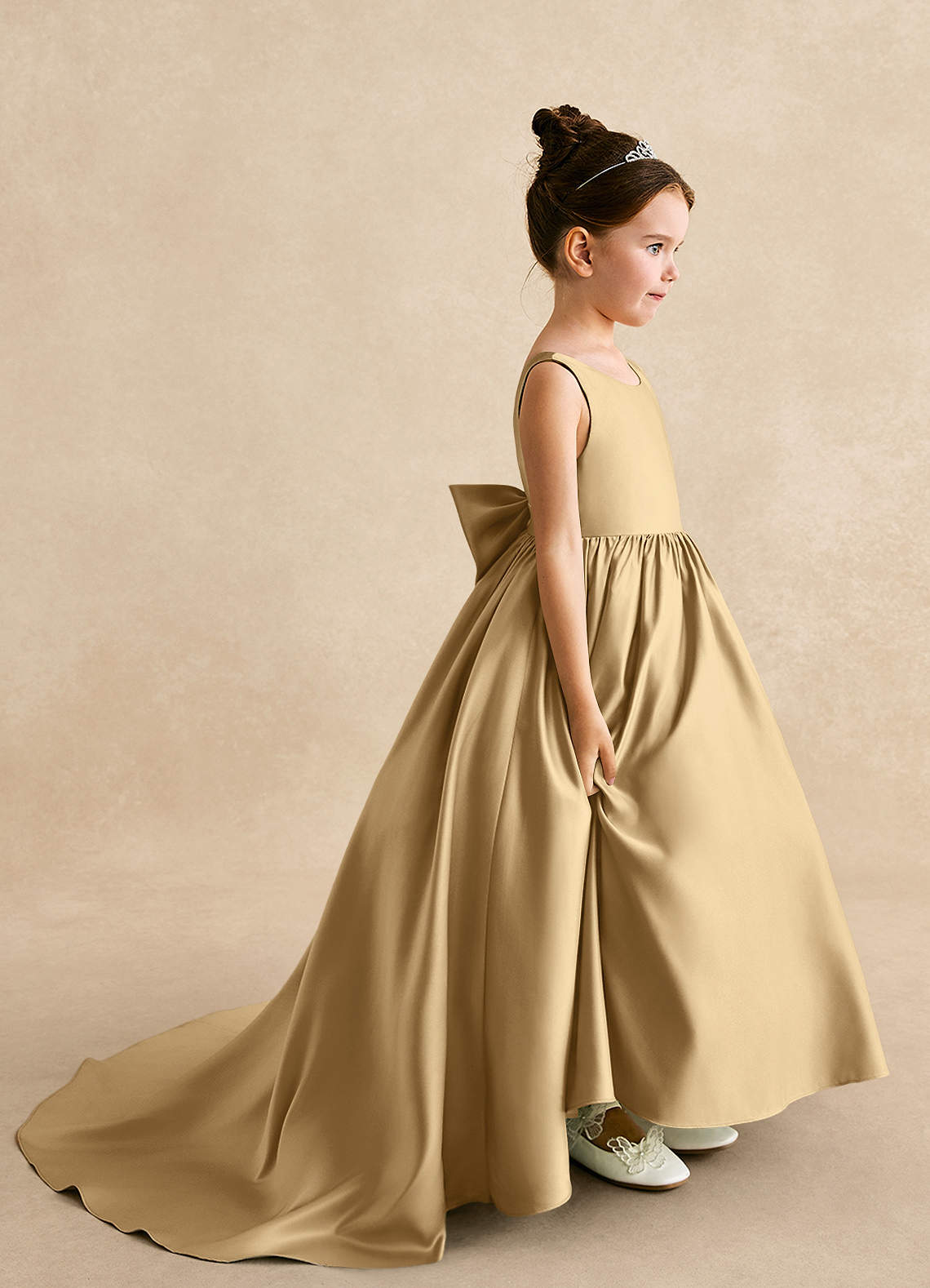Azazie Mimia Flower Girl Dresses Gold A-Line Bow Matte Satin Dress image1