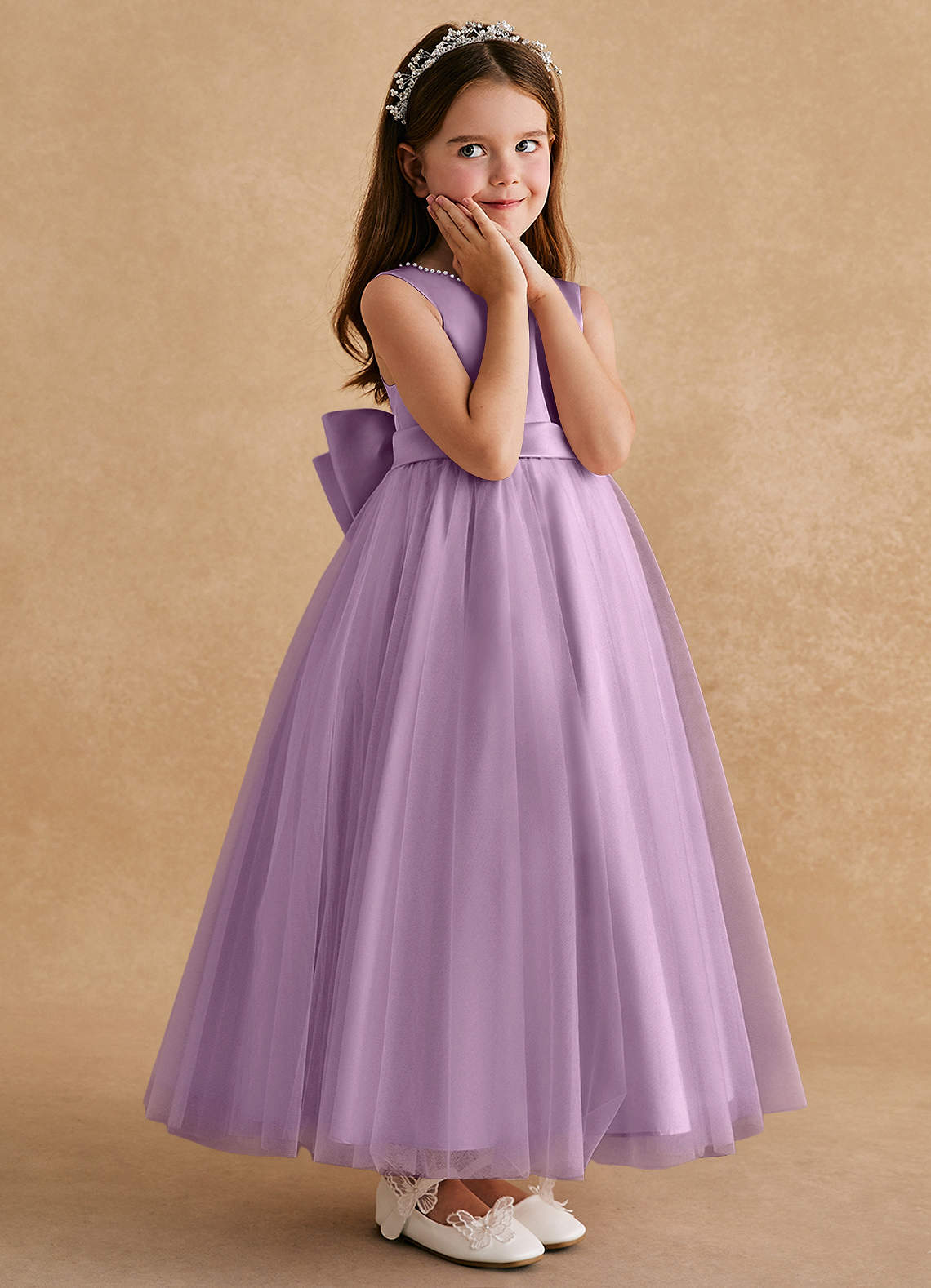 Azazie Cookie Robe Demoiselle D'honneur Fillette Robe Trapèze en Tulle Arc Glycine image2