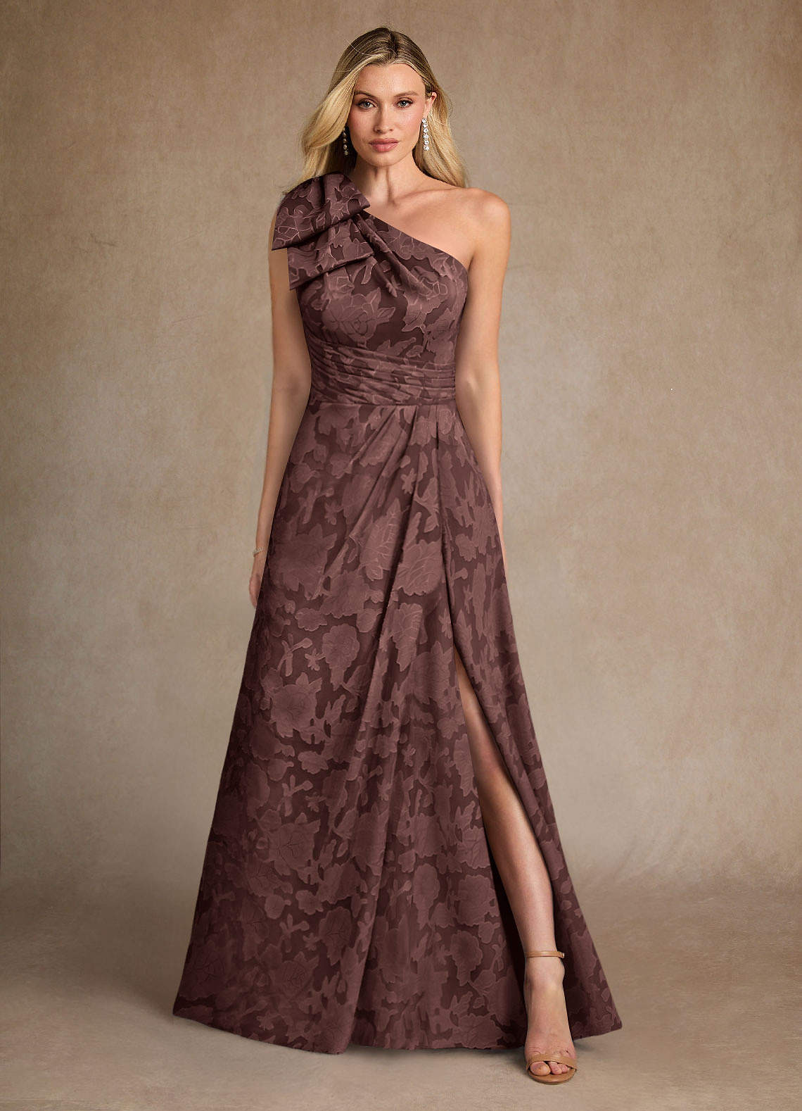 Azazie Easton Espresso Ball-Gown One Shoulder Floral Burnout Dress | Azazie Azazie Easton Espresso Ball-Gown One Shoulder Floral Burnout Dress | Azazie