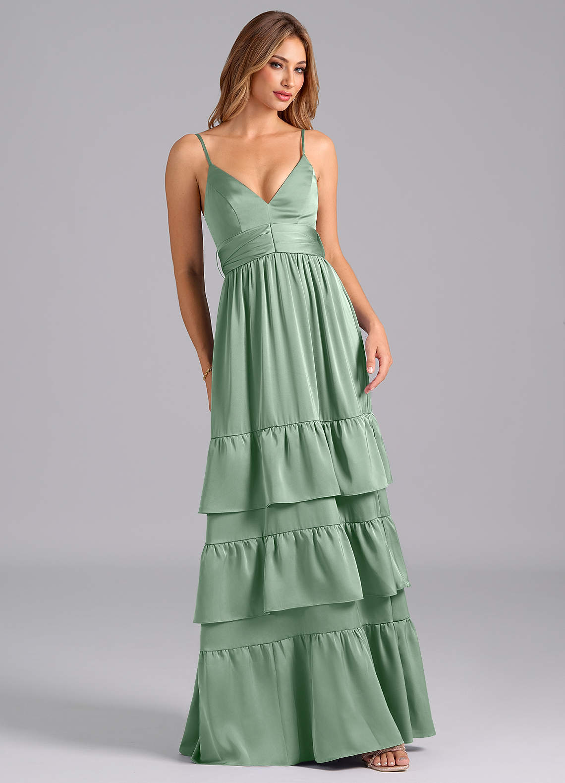Azazie Nathalia Bridesmaid Dresses Agave A-Line Pleated Stretch Satin Dress image1