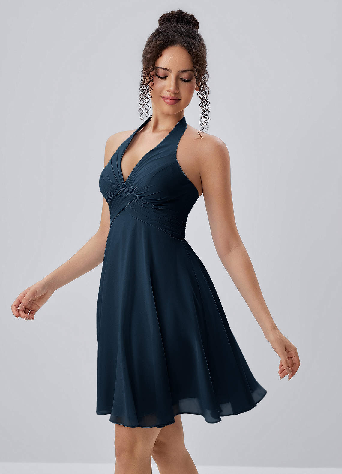 Joviannelle Navy Halter Hand Ruched Chiffon Mini Dress