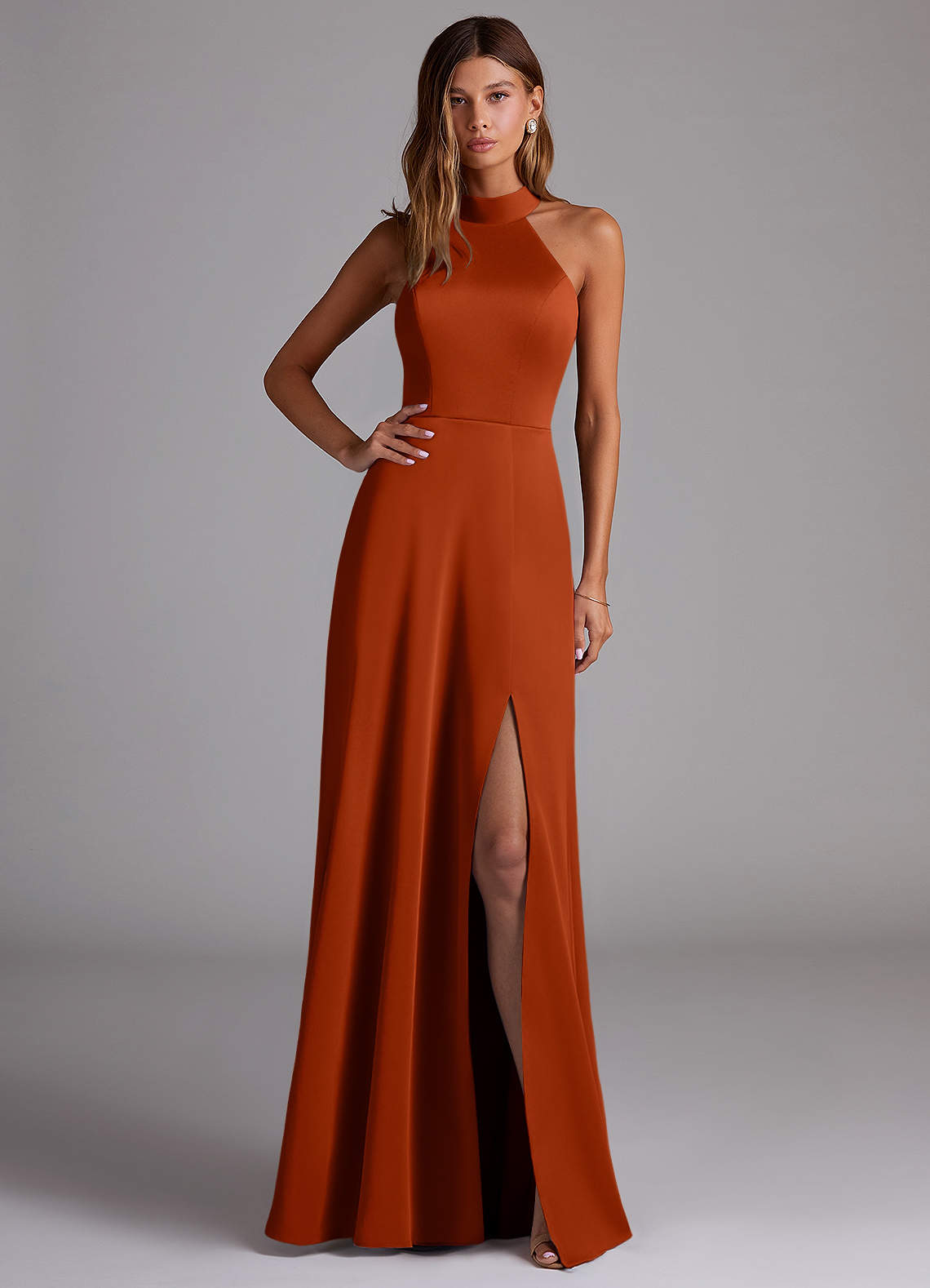 Azazie Myra Vestidos de madrinha de casamento Vestir Páprica de Cetim elástico de Linha A com Fenda Lateral image1