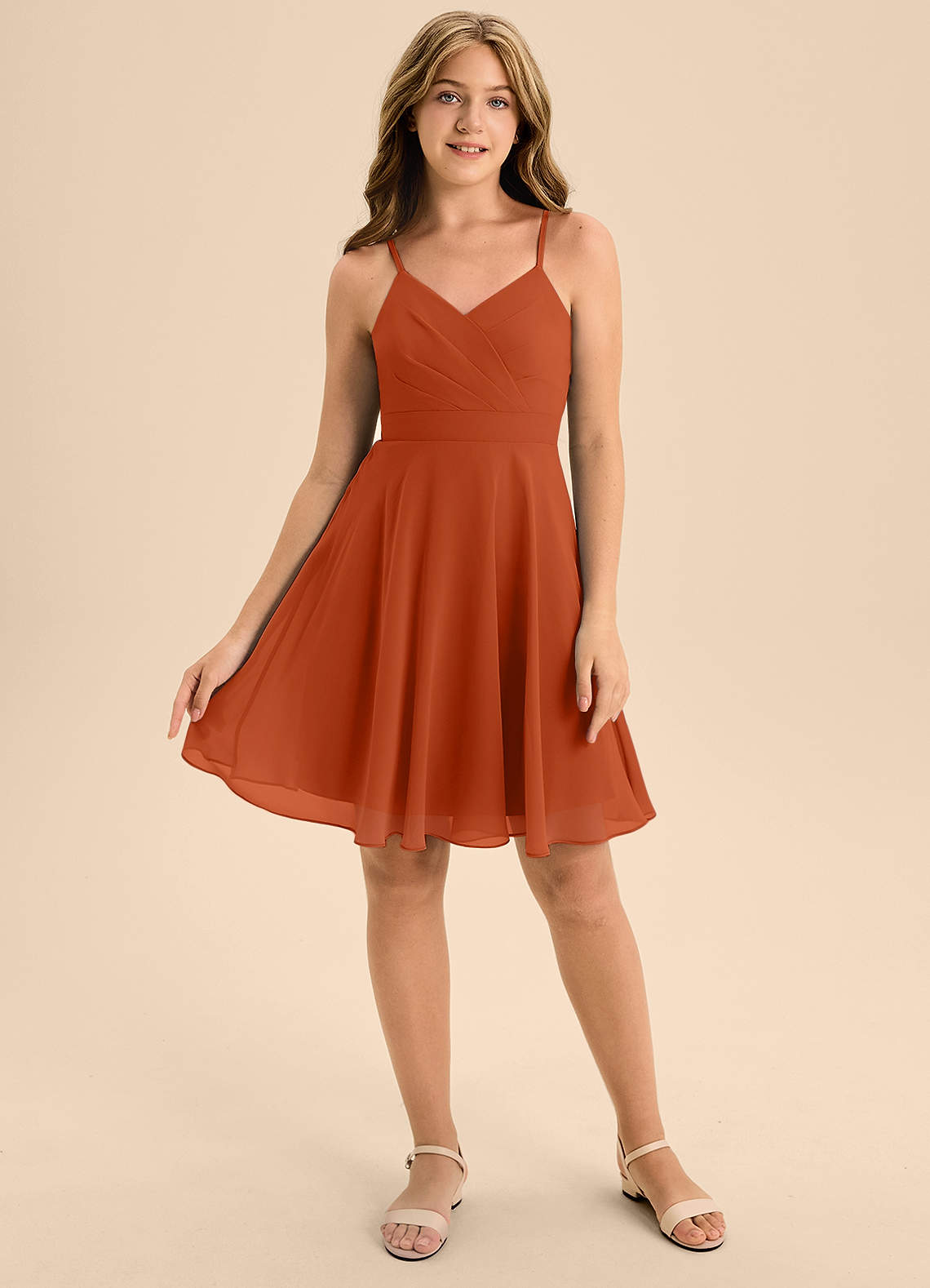 Azazie Avelina Junior Burnt Orange A-Line Pleated Chiffon Dress image1