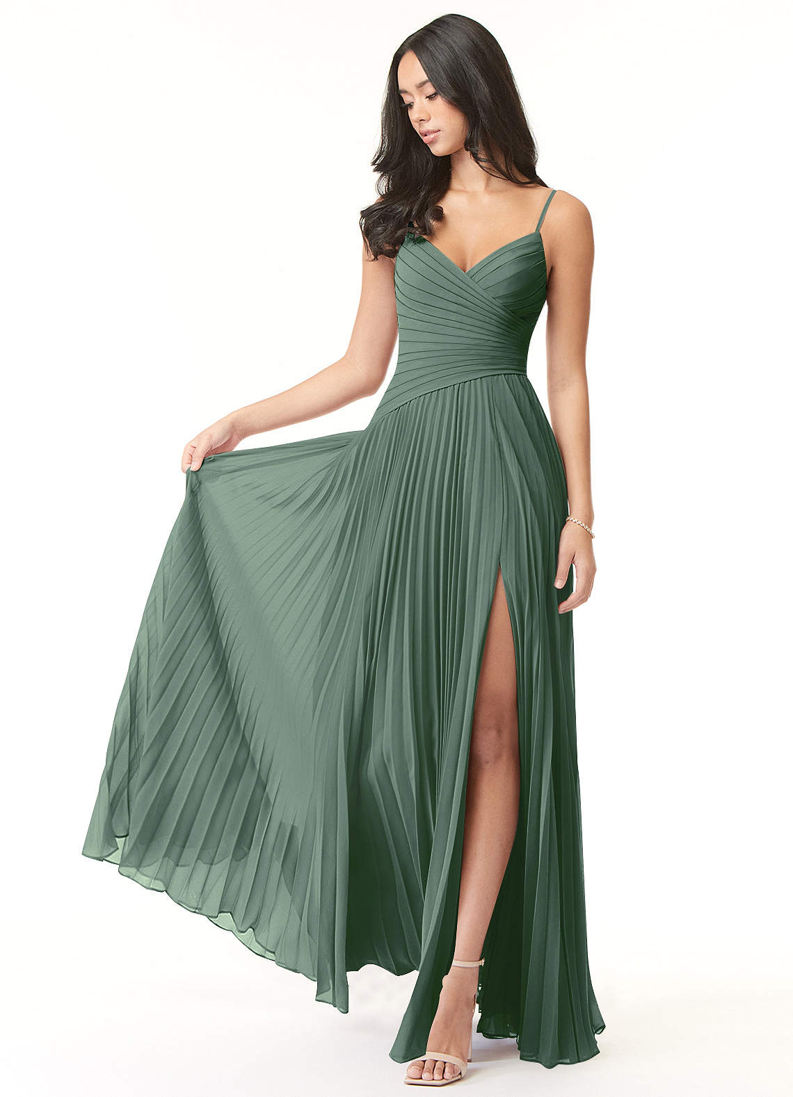 Azazie Vini Bridesmaid Dresses Eucalyptus A-Line V-Neck Pleated Chiffon Dress image1