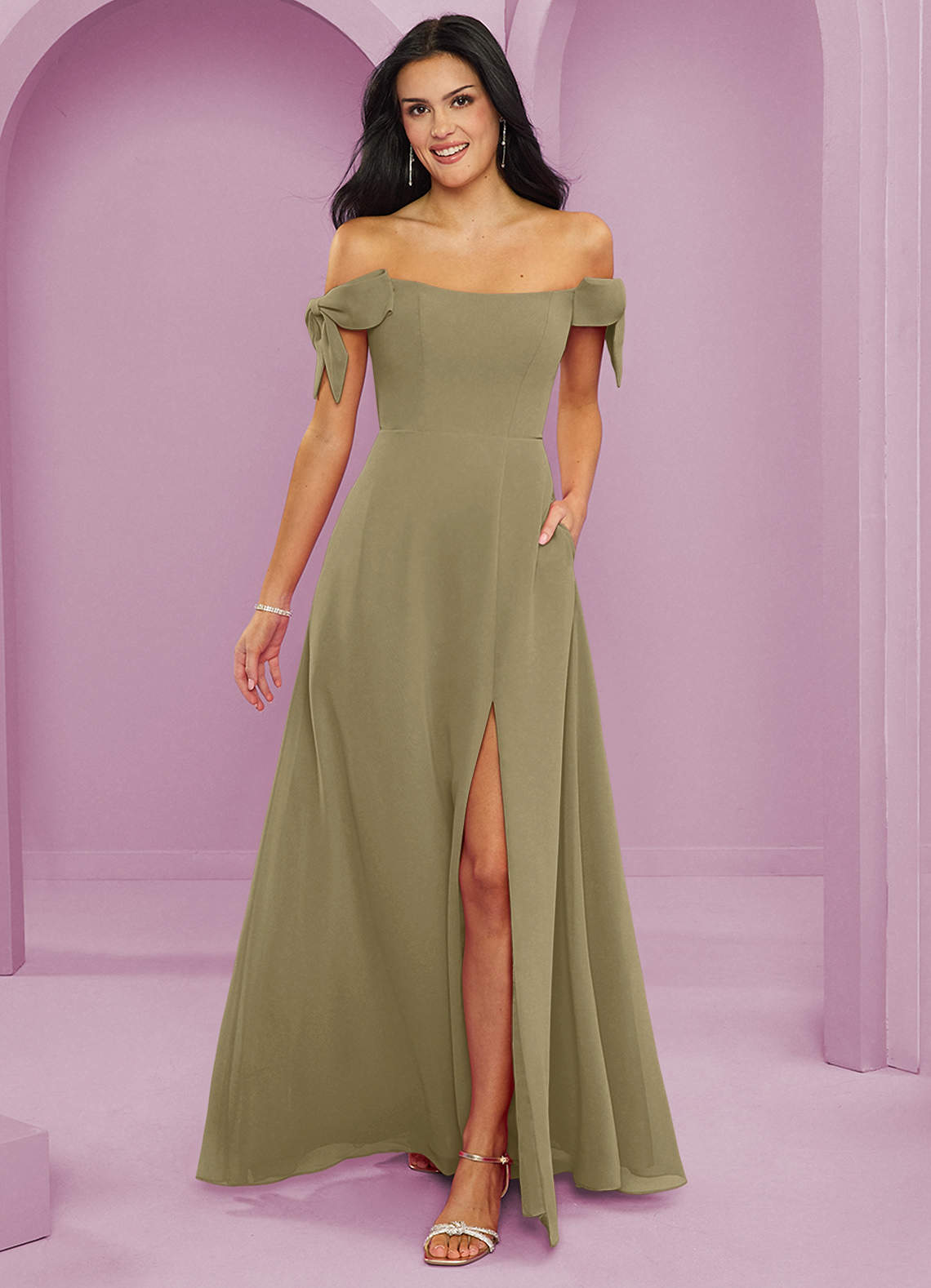 Barbie ♥ Azazie Bridesmaid Dresses Moss Green A-Line Off the Shoulder Chiffon Convertible Dress image1