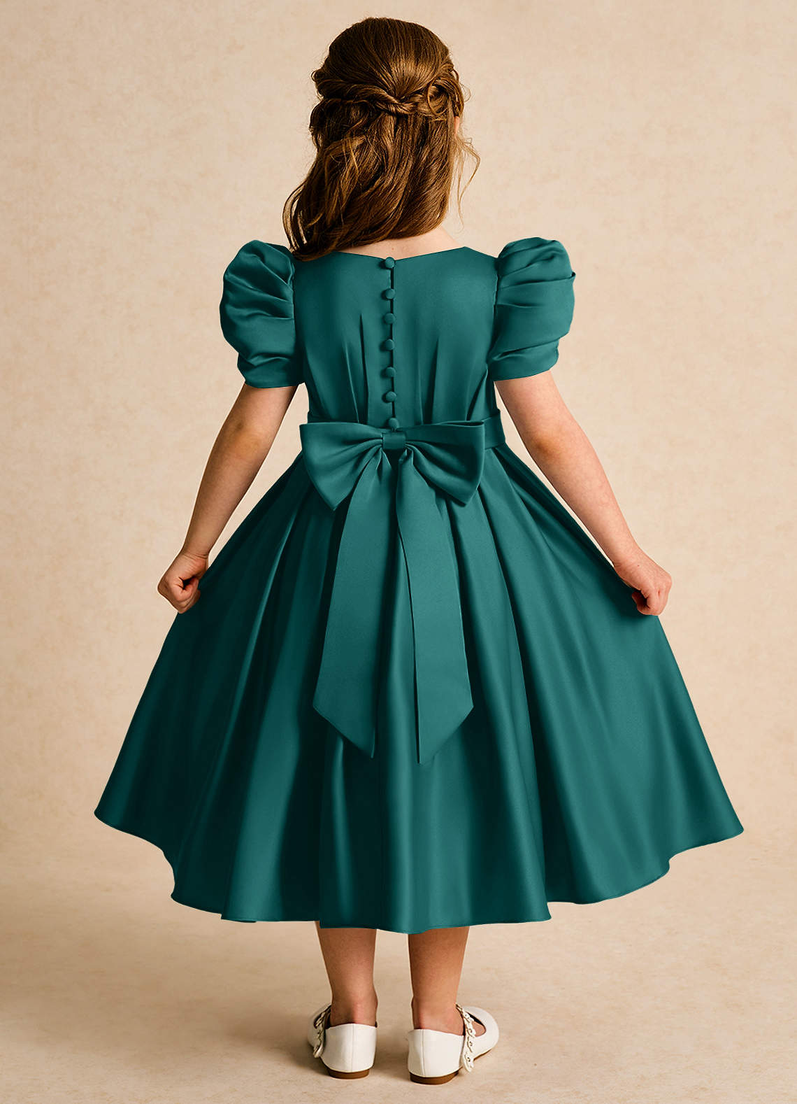 Azazie Miriam Abiti da Ragazza di Fiori Abito Principessa in Raso Opaco Plissettato Verde Pavone image1