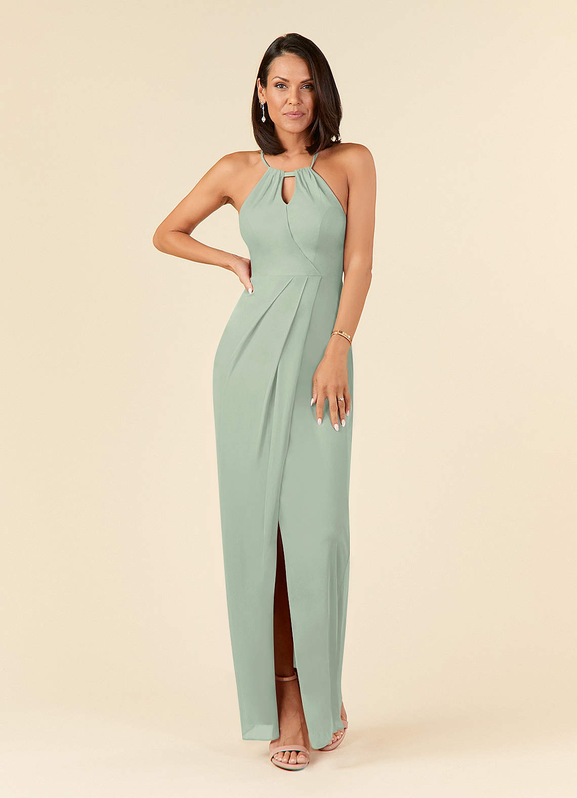 Azazie Hadid Mère de la mariée Robes Robe Fourreau en Maille Plissée Vert Sauge image1