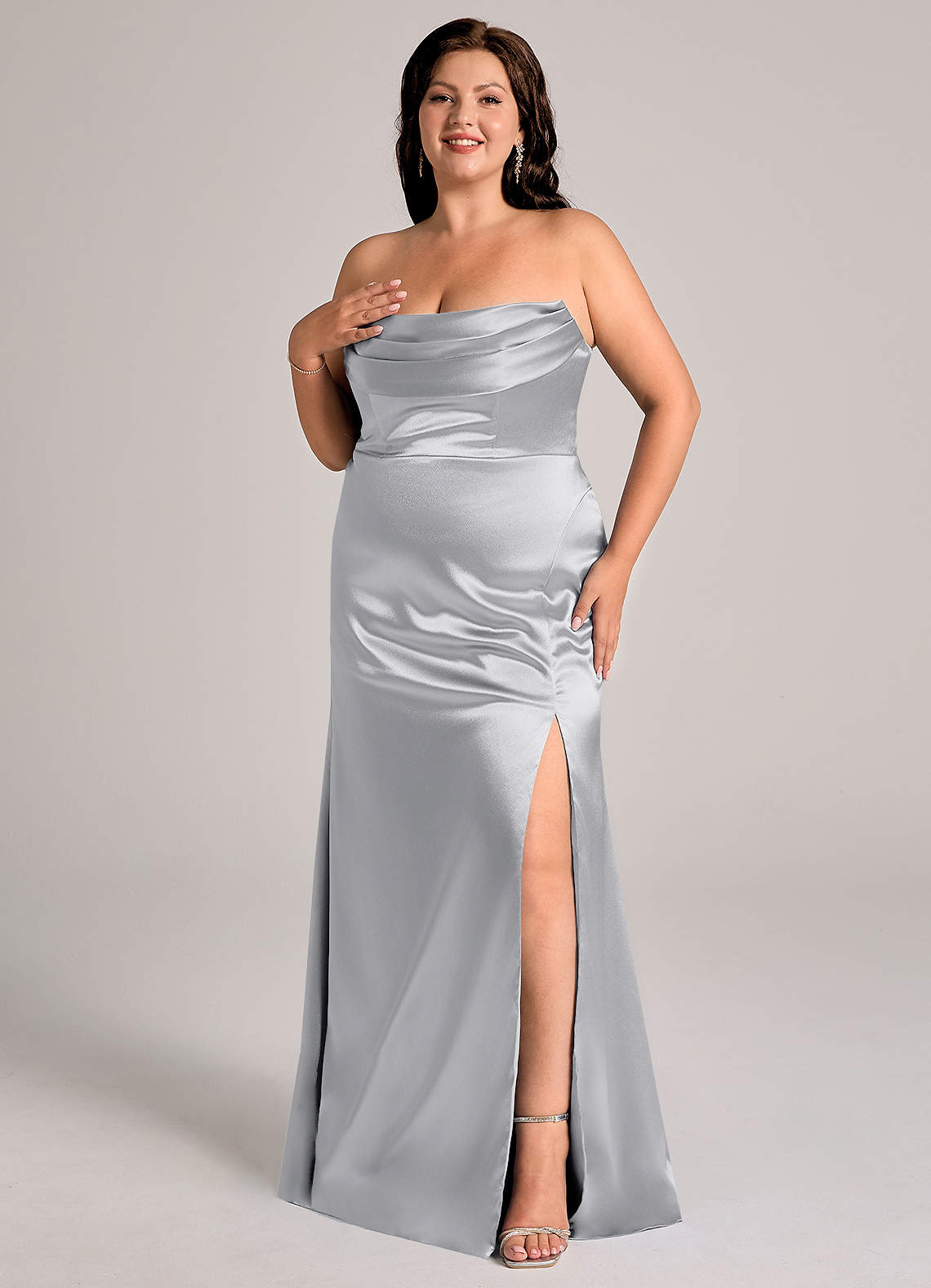 Azazie Plus Size Sheath Off-The-Shoulder Floor-Length Metallic Satin Bridesmaid Dresses - Silver
