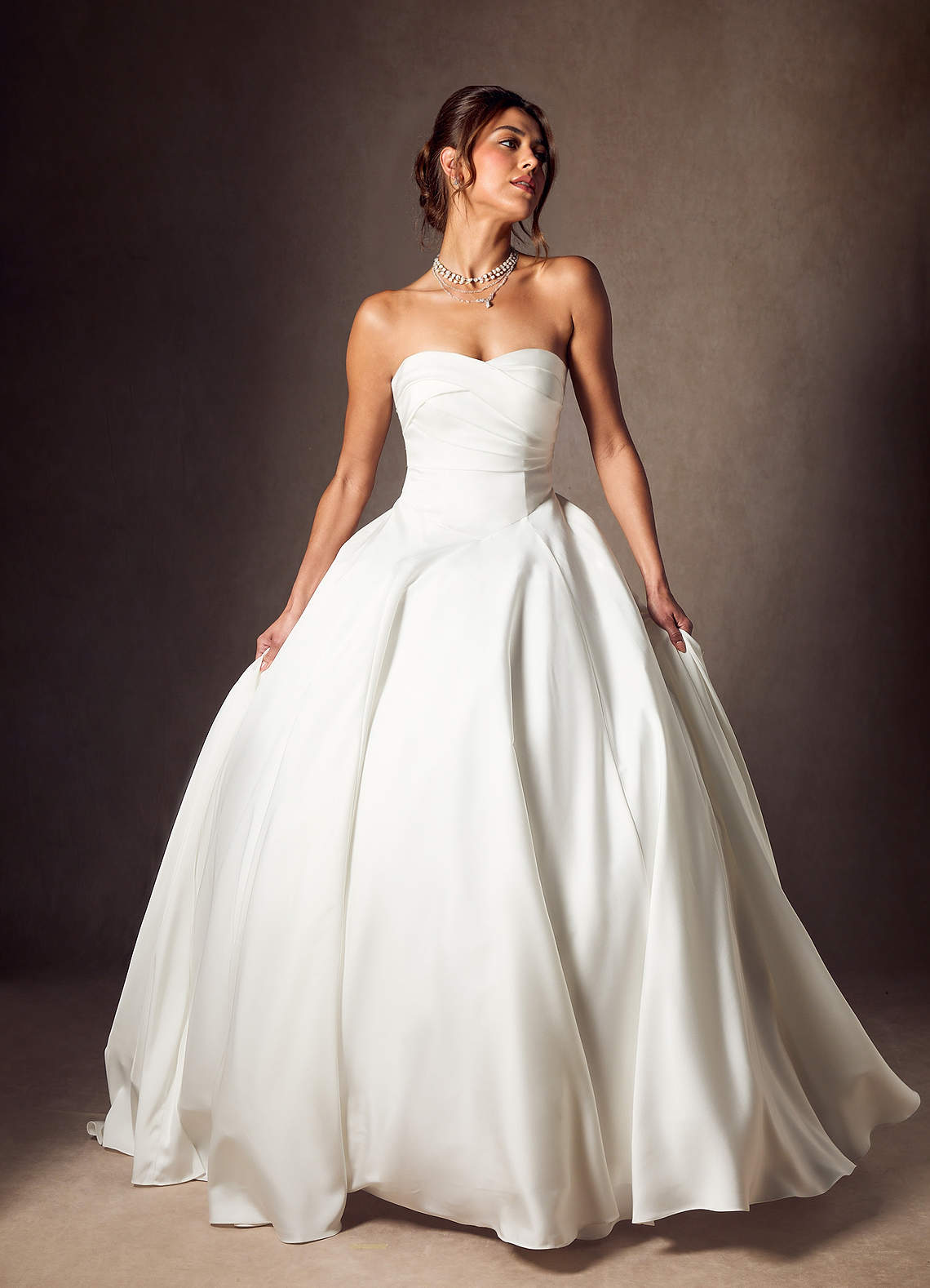 Azazie Alta At-home Try On Dresses Diamond White A-Line Strapless Stretch Satin Dress image5