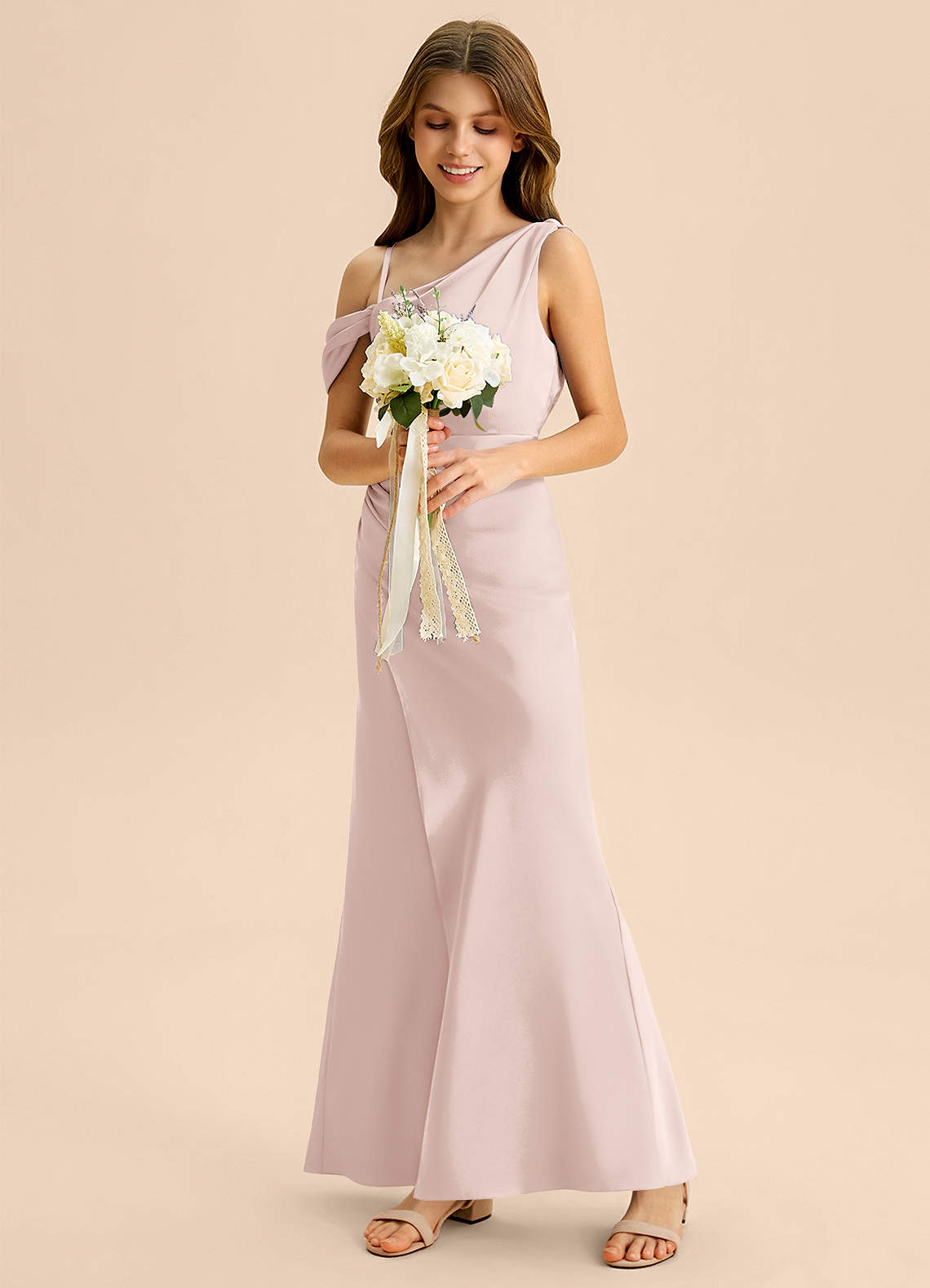 Azazie Madelyn Junior Osłona Zza ramienia Satyna elastyczna Długość podłogi Młodsza druhna Sukienka image4