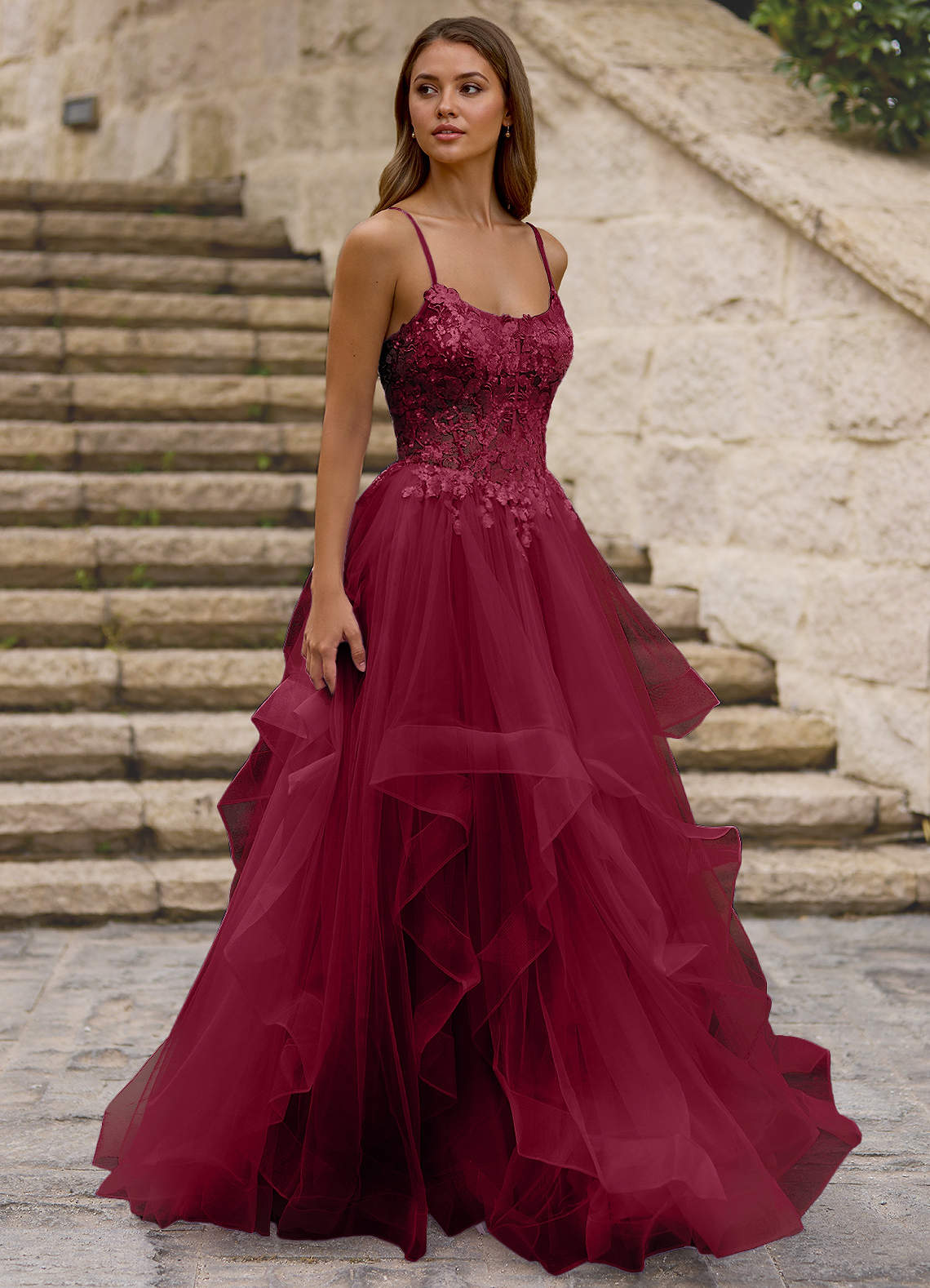 burgundy wedding dress Gothic Burgundy Tiered Tulle Wedding Dress with Floral Appliqué main image 1