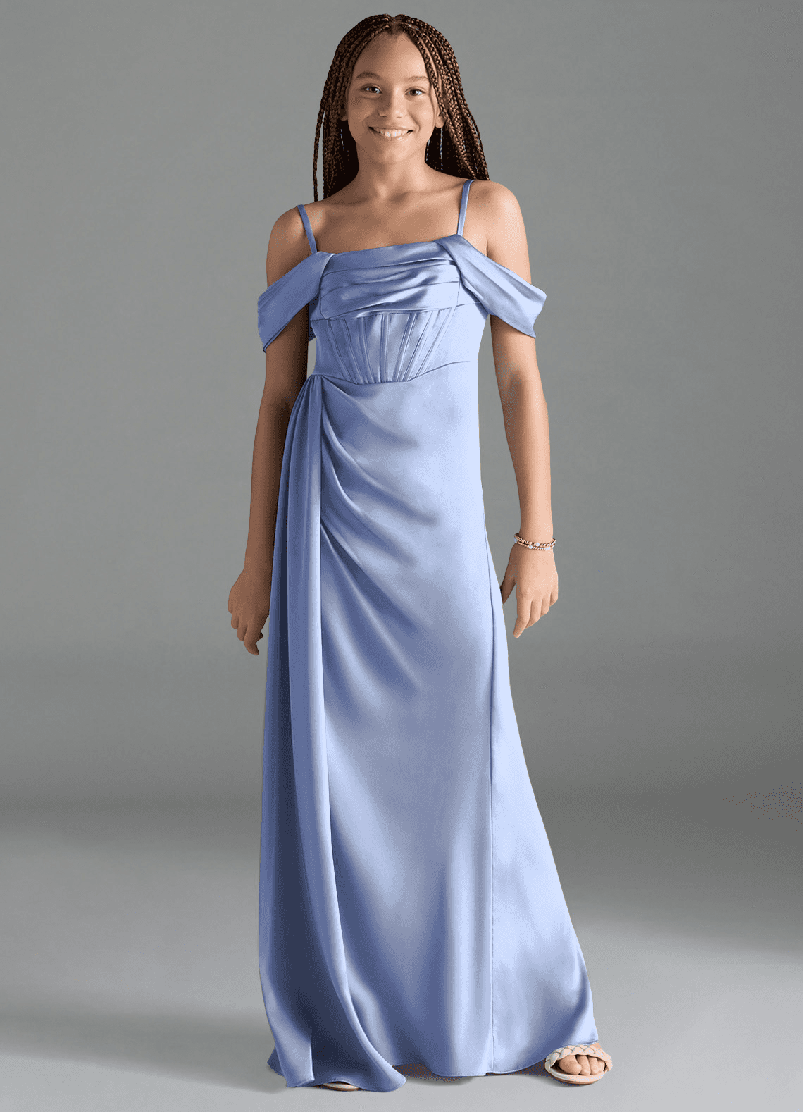 Azazie Amyra Junior Ice Sheath Off the Shoulder Stretch Satin Dress image1