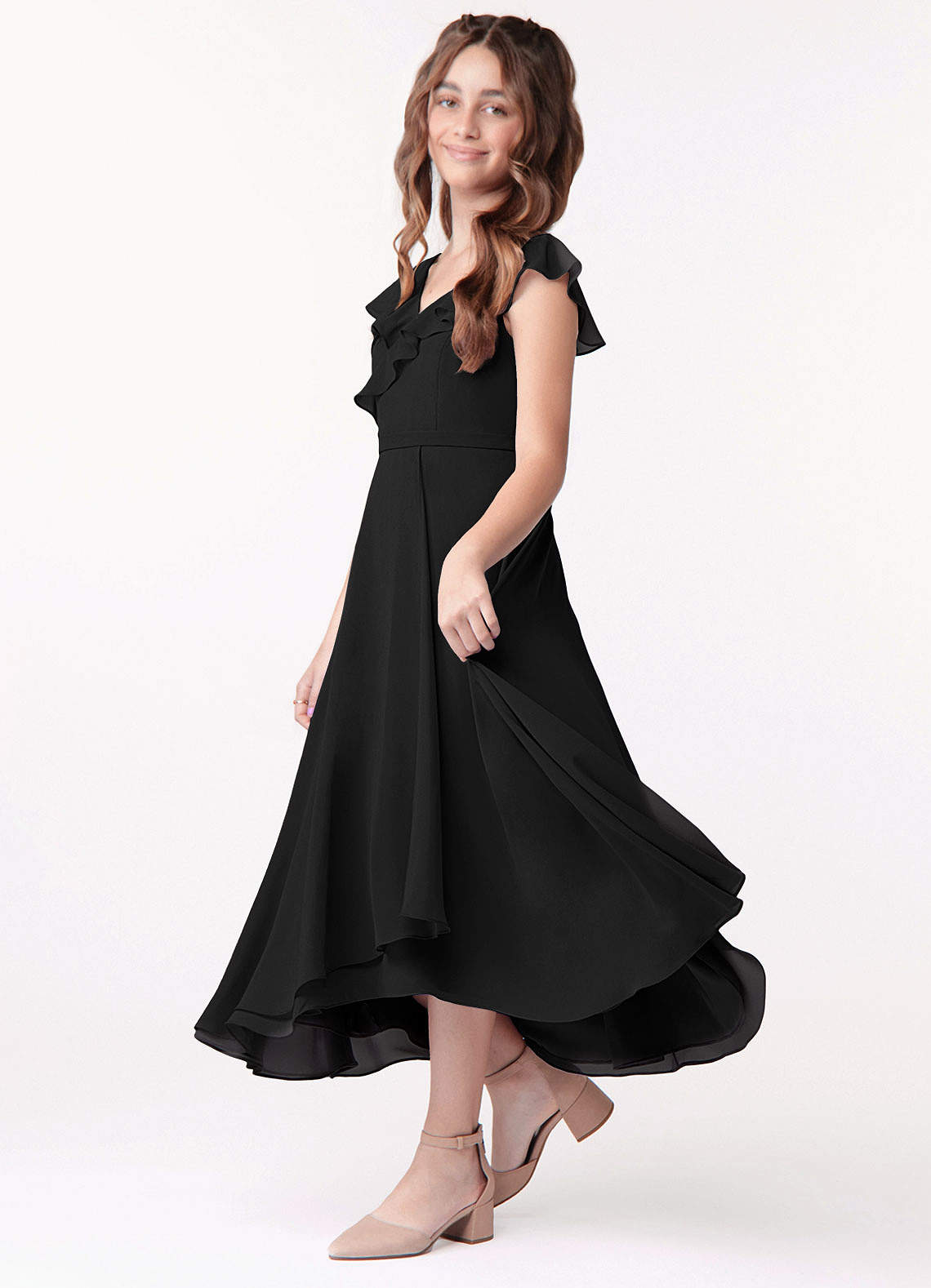 Azazie Posie Junior A-Linie Gestreift Chiffon Kleid Schwarz image1