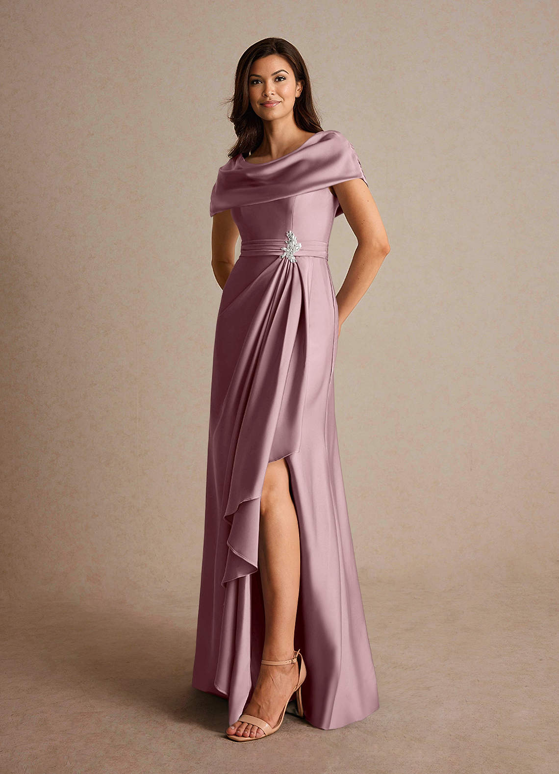 Azazie Branford Mother of the Bride Dresses Dusty Rose A-Line Pleated Stretch Satin Dress image7