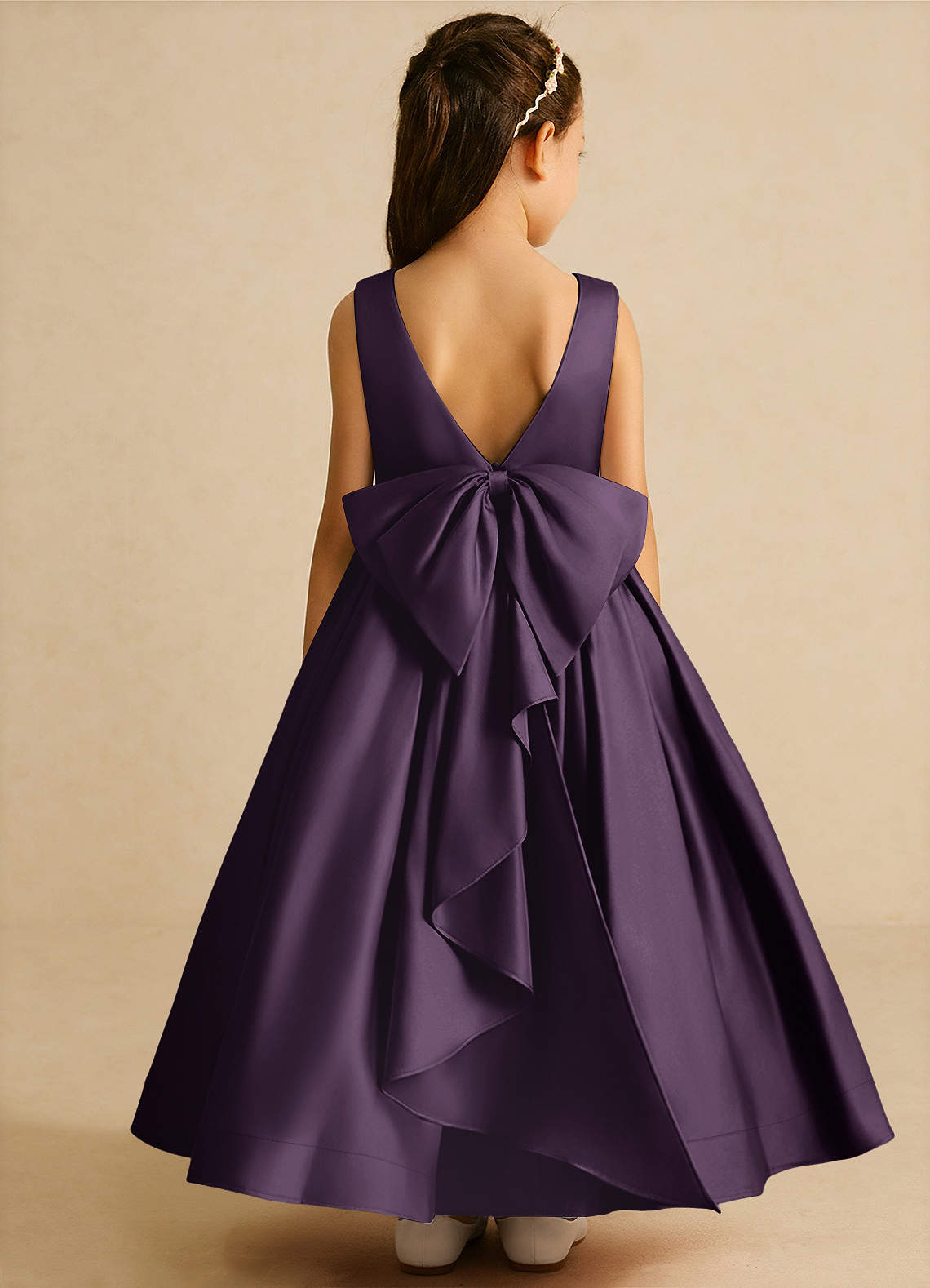 Azazie Cailee Flower Girl Dresses Plum Ball-Gown Pleated Matte Satin Dress image1