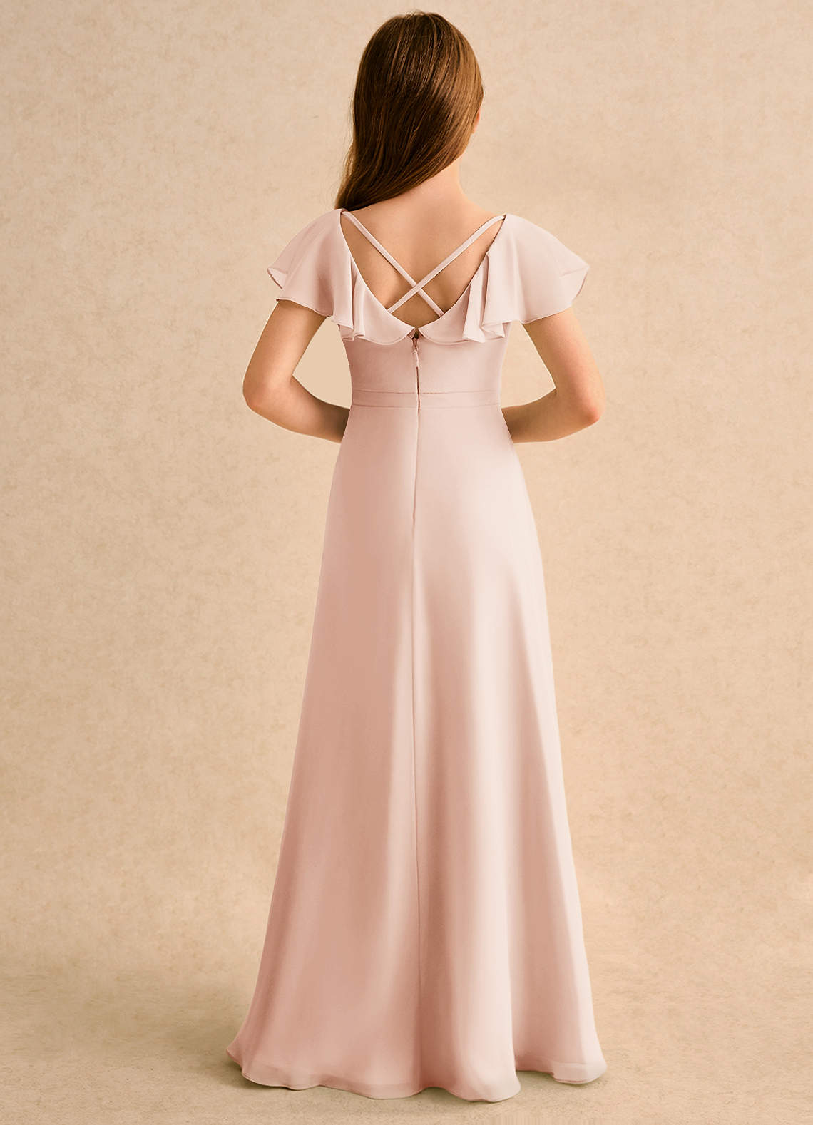 Azazie Nari Girls Formal Flower Girl Dresses English Rose A-Line with Sleeves Chiffon Dress image1