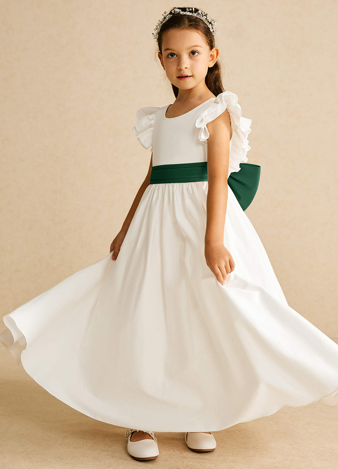 Azazie Aero Flower Girl Dresses Ivory Dark Green A-Line Pleated Cotton Dress image1